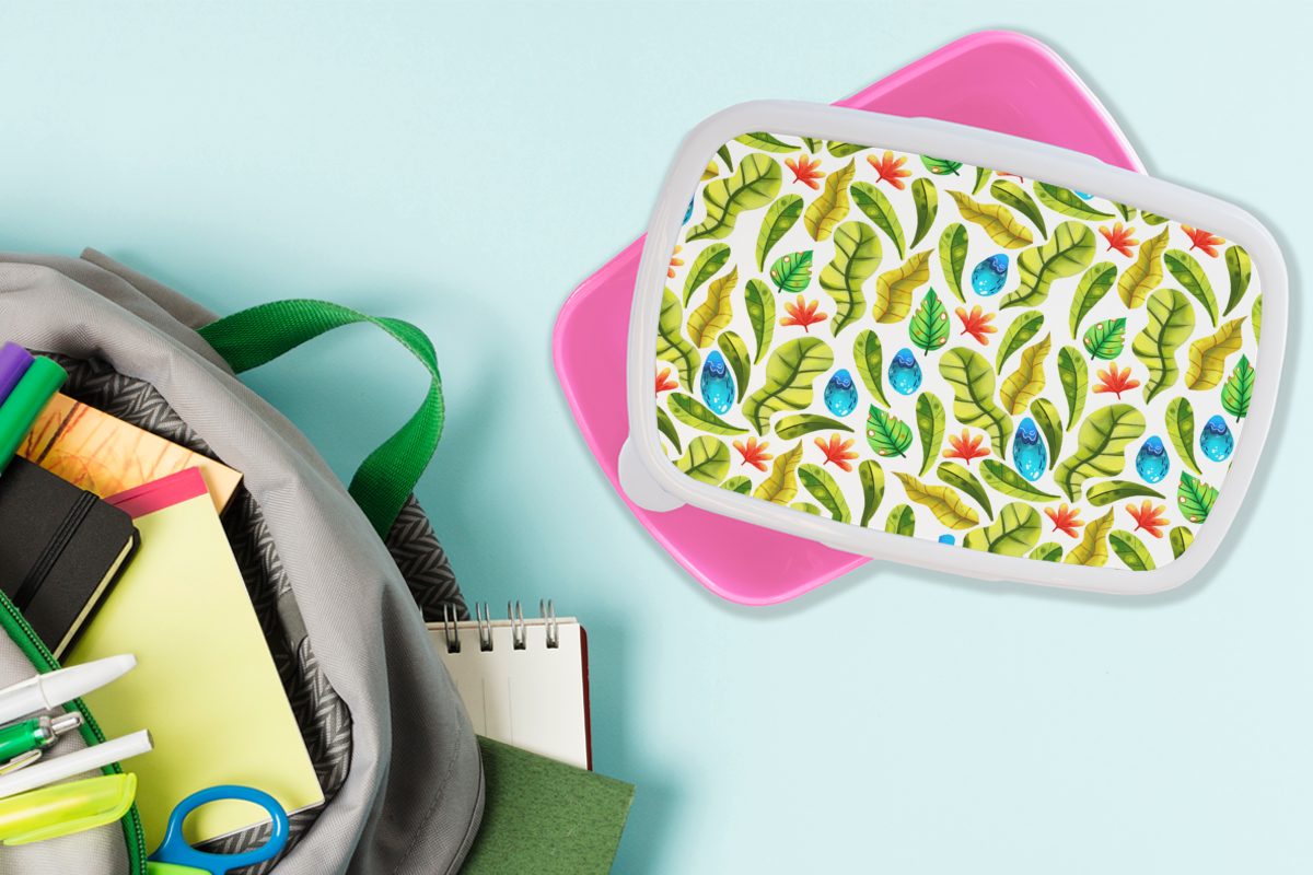 MuchoWow Lunchbox Dschungel - Kunststoff, - Design Blätter, Kunststoff Erwachsene, für (2-tlg), Brotdose Kinder, Tropische Snackbox, Mädchen, rosa Brotbox