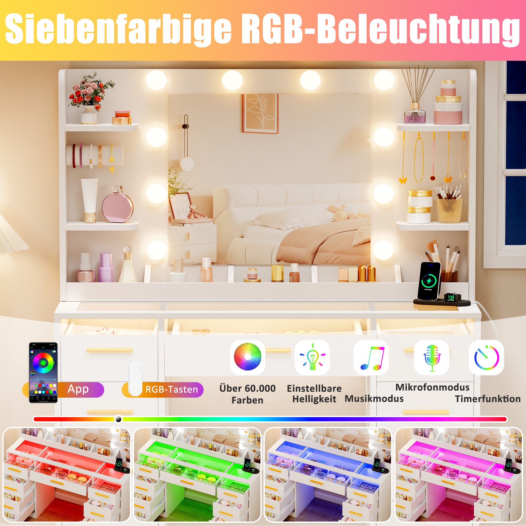 BEWISHOME Schminktisch mit Spiegel und LED-Beleuchtung, Glastischplatte und 9 Schubladen (1-St), integrierte Steckdose & USB, modern für Schlafzimmer – Bild 4 von 5