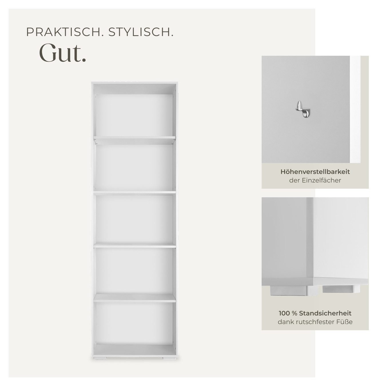 tectake Bücherregal Lexi, Holzregal Lexi 1-tlg., bodenschonende Kunststofffüße, vielseitig verwendbar, mit Kippschutz