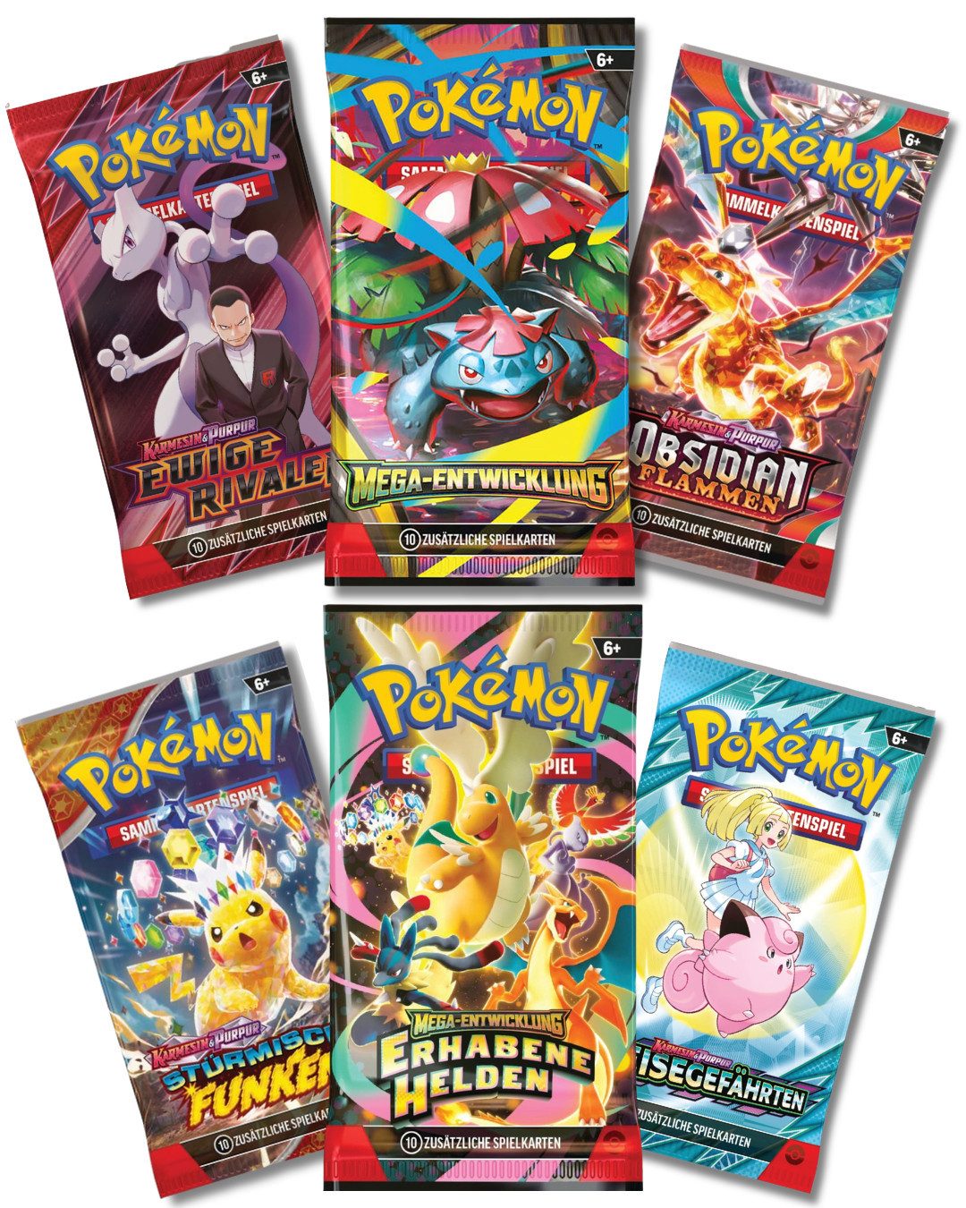 The Pokémon Company Sammelkarte Deutsche Pokemon Booster zur Auswahl Erhabene Helden, Ewige Rivalen, Mega Entwicklungen, Reisegefährten & Stürmische Funken