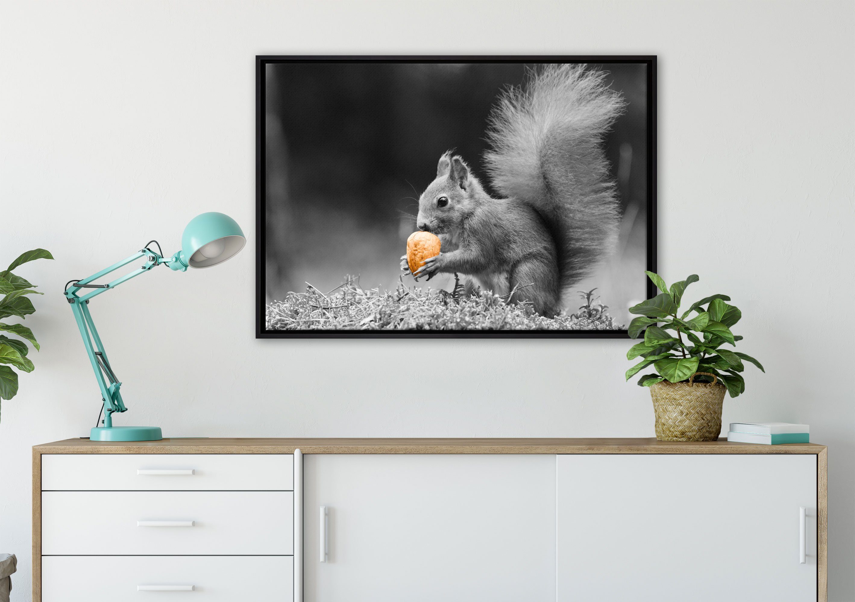 Pixxprint Leinwandbild niedliches Eichhörnchen Nuss, Leinwandbild inkl. bespannt, Schattenfugen-Bilderrahmen fertig gefasst, in (1 Zackenaufhänger einem Wanddekoration mit St)