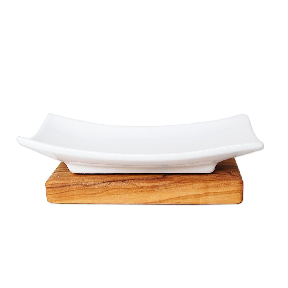 Olivenholz-erleben Seifenablage Seifenablage Porzellan auf Olivenholzfuß, 1-St., resistent gegenüber Feuchtigkeit