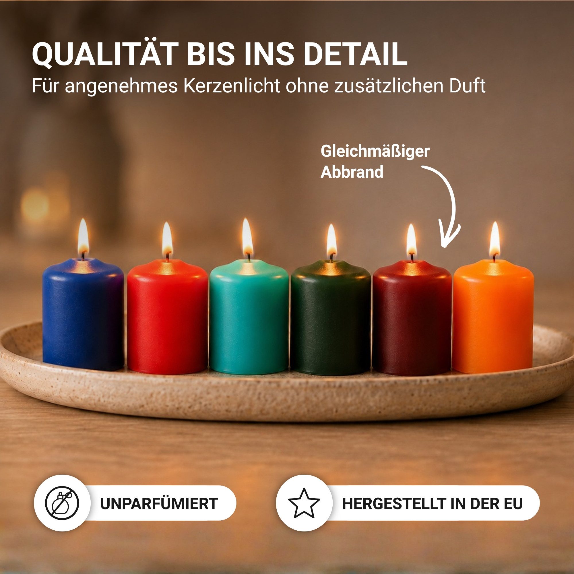 HS Candle Stumpenkerze kompakt und unparfümiert (6-tlg., Dekolicht), Ø4xH6 cm Teelichtgröße, bis zu 7h Brenndauer je Kerze, Wachsmischung