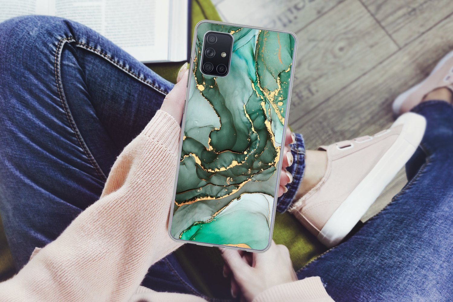 MuchoWow Handyhülle für Samsung Galaxy A51 Gold - Marmor - Grün - Luxus - Marmoroptik - Gr, Smartphone-Bumper, Print, Handy Schutzhülle Dünn