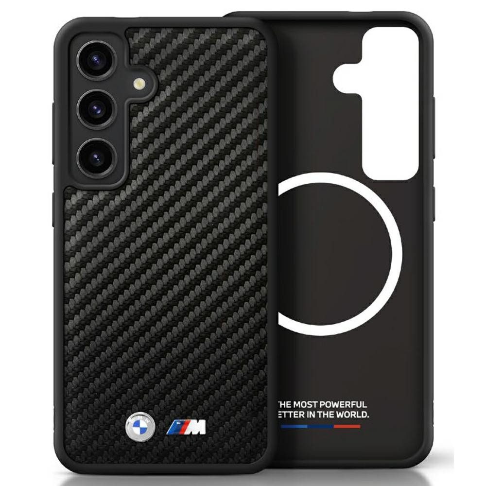 BMW Handyhülle Galaxy S25 Carbon Look schwarz MagSafe Logo Metall 6,2 Zoll, Kantenschutz