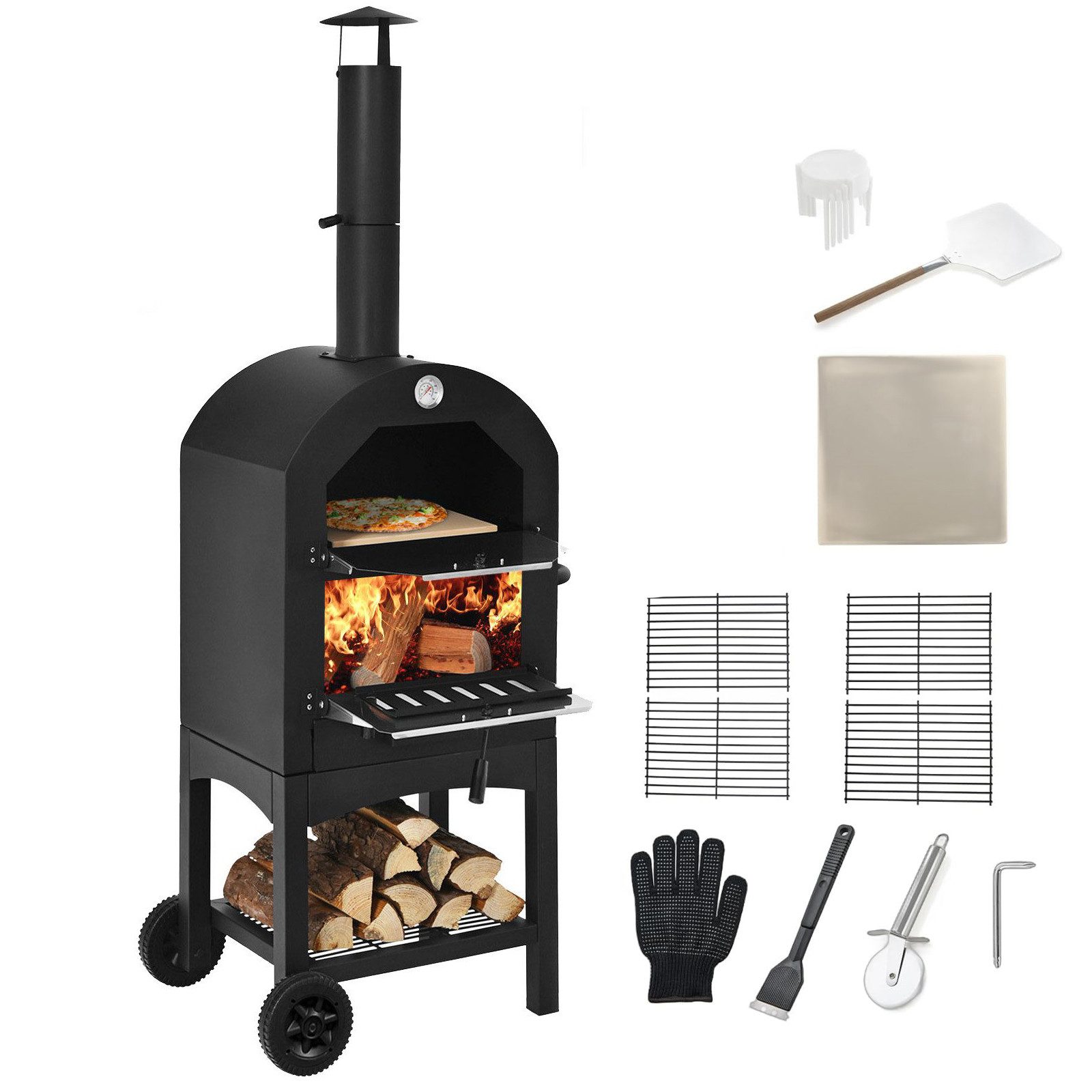 COSTWAY Pizzaofen, Holzofen outdoor, mit Griff & Thermometer