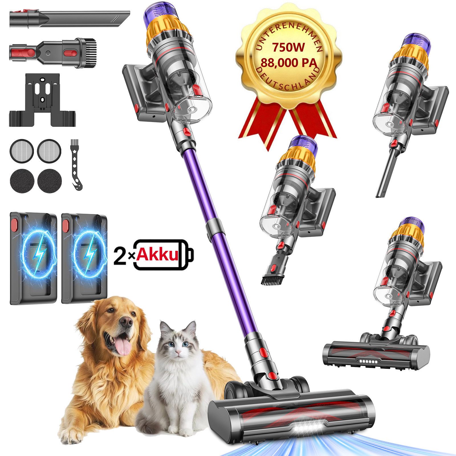 DyMona Akku-Hand-und Stielstaubsauger 88000Pa Akkustaubsauger mit 2 Akkus/750W/160Min Staubsauger Kabellos, 2,6L Staubbehälter, 50dB leise/11-Stufen-Filter/OLED Display,Ideal für Böden/Teppiche/Auto