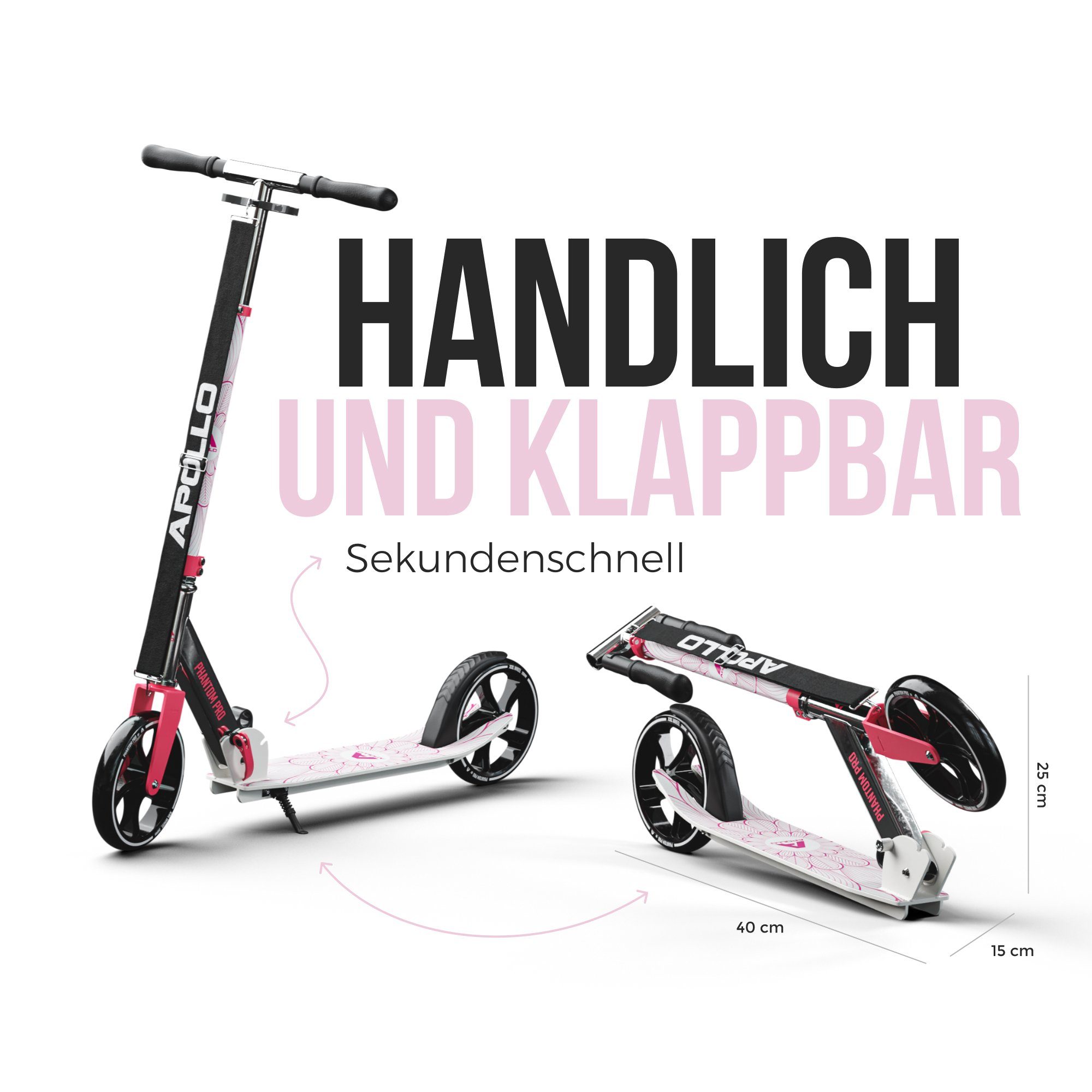 Apollo Cityroller City Scooter - Phantom Pro - Klappbarer City Roller für Kinder, Höhenverstellbar - Tretroller für Erwachsene - Roller