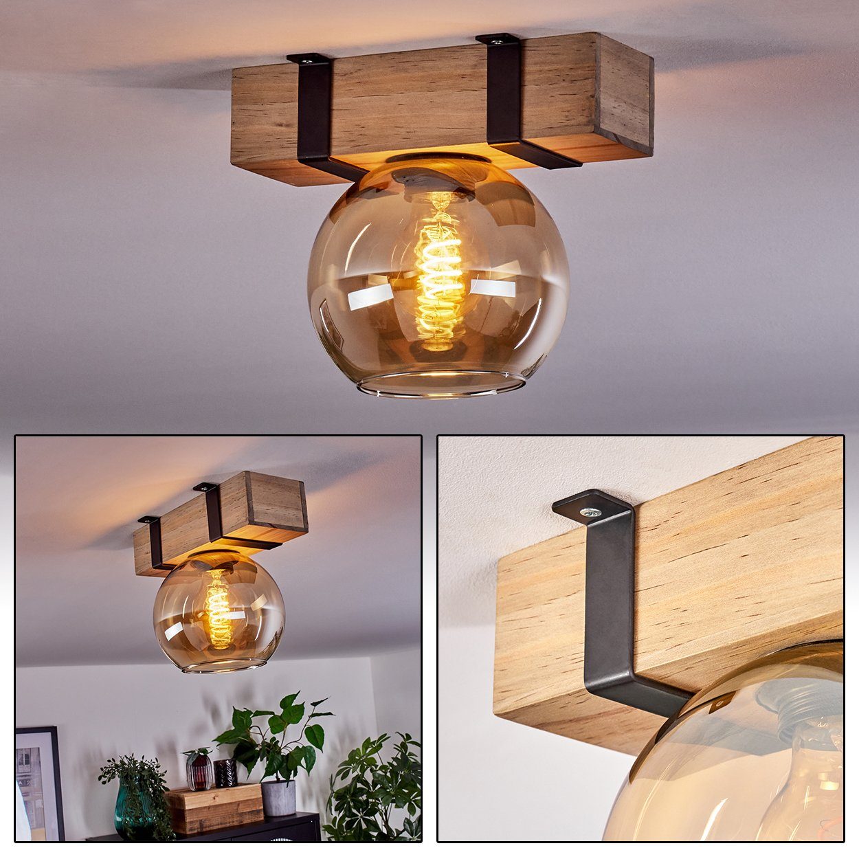 hofstein Deckenleuchte Deckenlampe aus 1x in Metall/Holz/Glas Holzbalken Glasschrim und ohne E27, Leuchtmittel ohne Ø15cm, Schwarz/Natur/Bernsteinfarben, Leuchtmittel