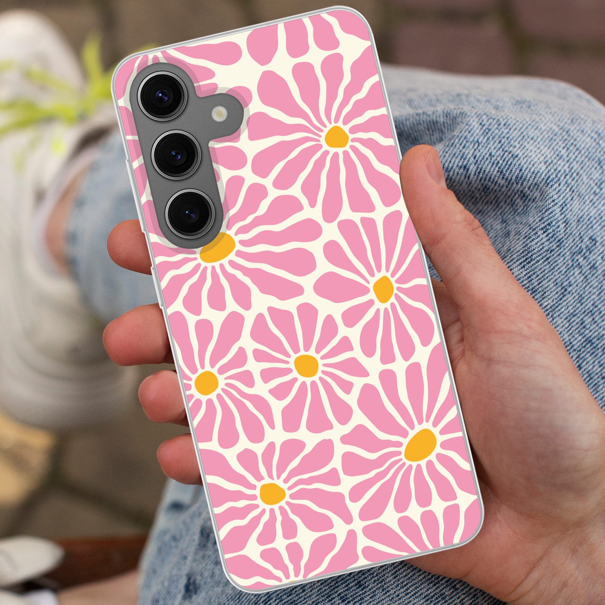 MuchoWow Handyhülle für Samsung Galaxy S24 Blumen - Muster - Rosa - Beige - Orange, Phone Case, Silikon, Schutzhülle Dünn