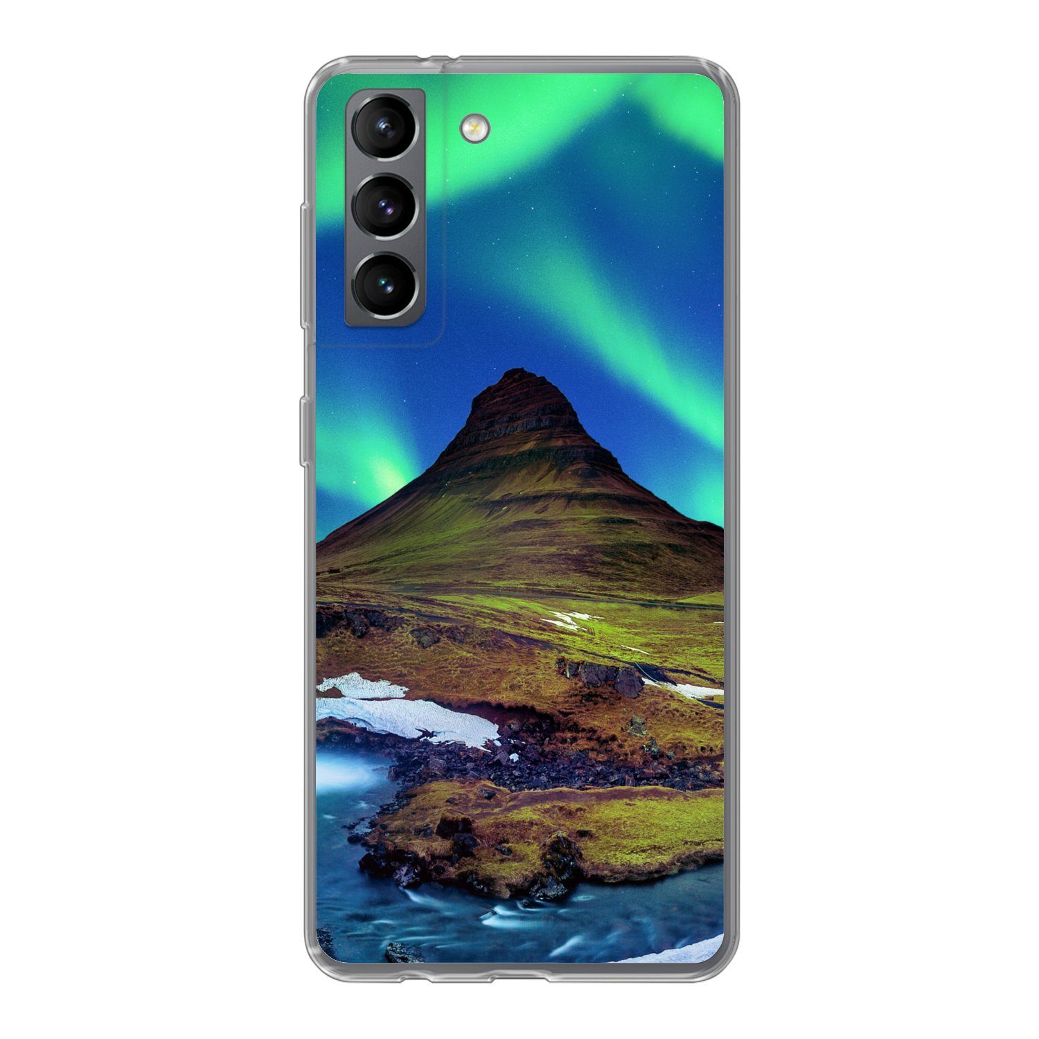 MuchoWow Handyhülle für Samsung Galaxy S21 Nordlicht - Sternenhimmel - Island - Berg - Grü, Phone Case, Silikon, Schutzhülle Dünn