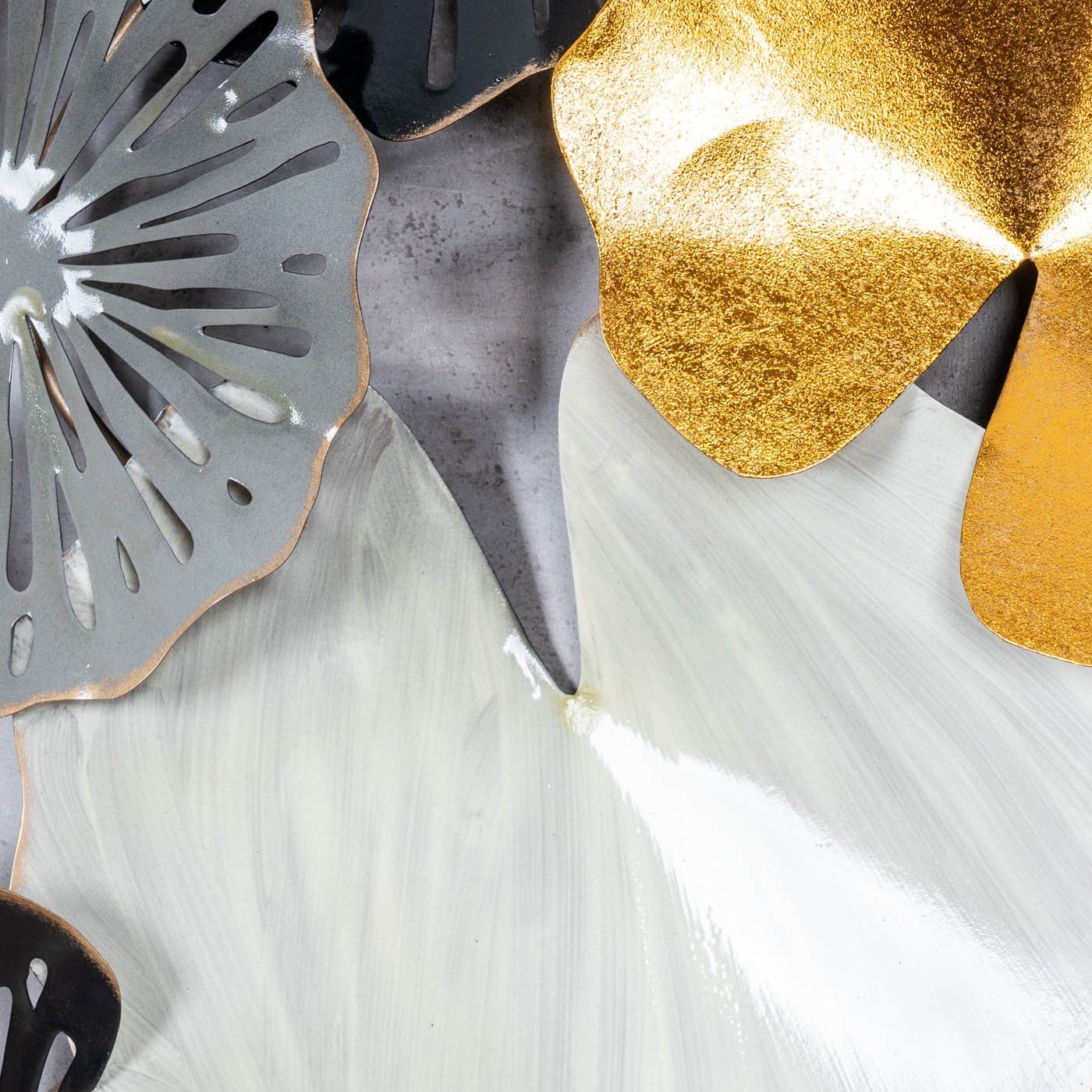 Levandeo® Metallbild, Metallbild 115x49cm Wandbild Blatt Metall Schwarz Gold Deko Ringe