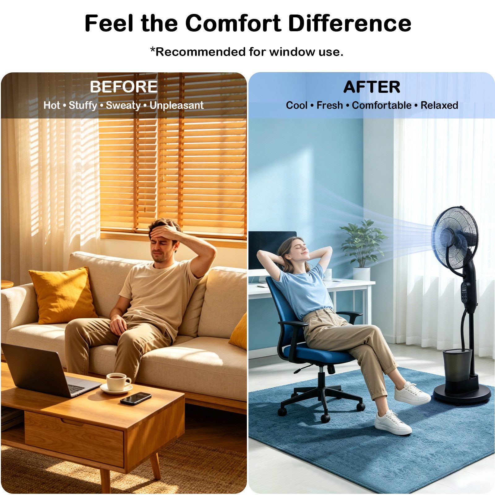 OZAVO Standventilator K-FS09R Ventilator mit 2,8L Wassertank, Bodenrollen und Fernbedienung, Leiser Sprühnebelventilator 90°Oszillation,4Modi,7.5H timer
