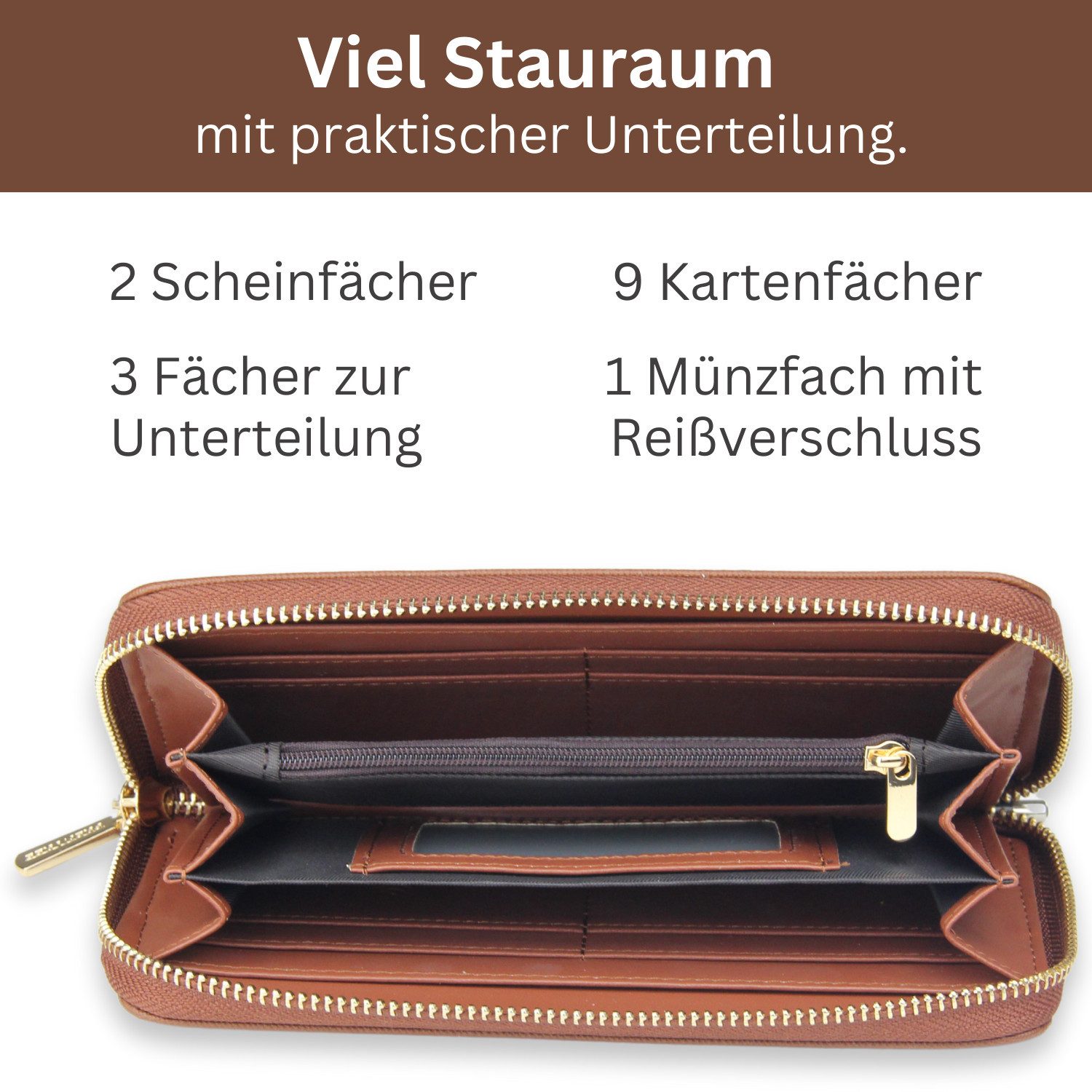Frentree Geldbörse Damen Portemonnaie mit Rundum-Reißverschluss, 9 Karten, Handyfach, mit 3 große Fächer und RFID-Schutz,inkl. Geschenkbox