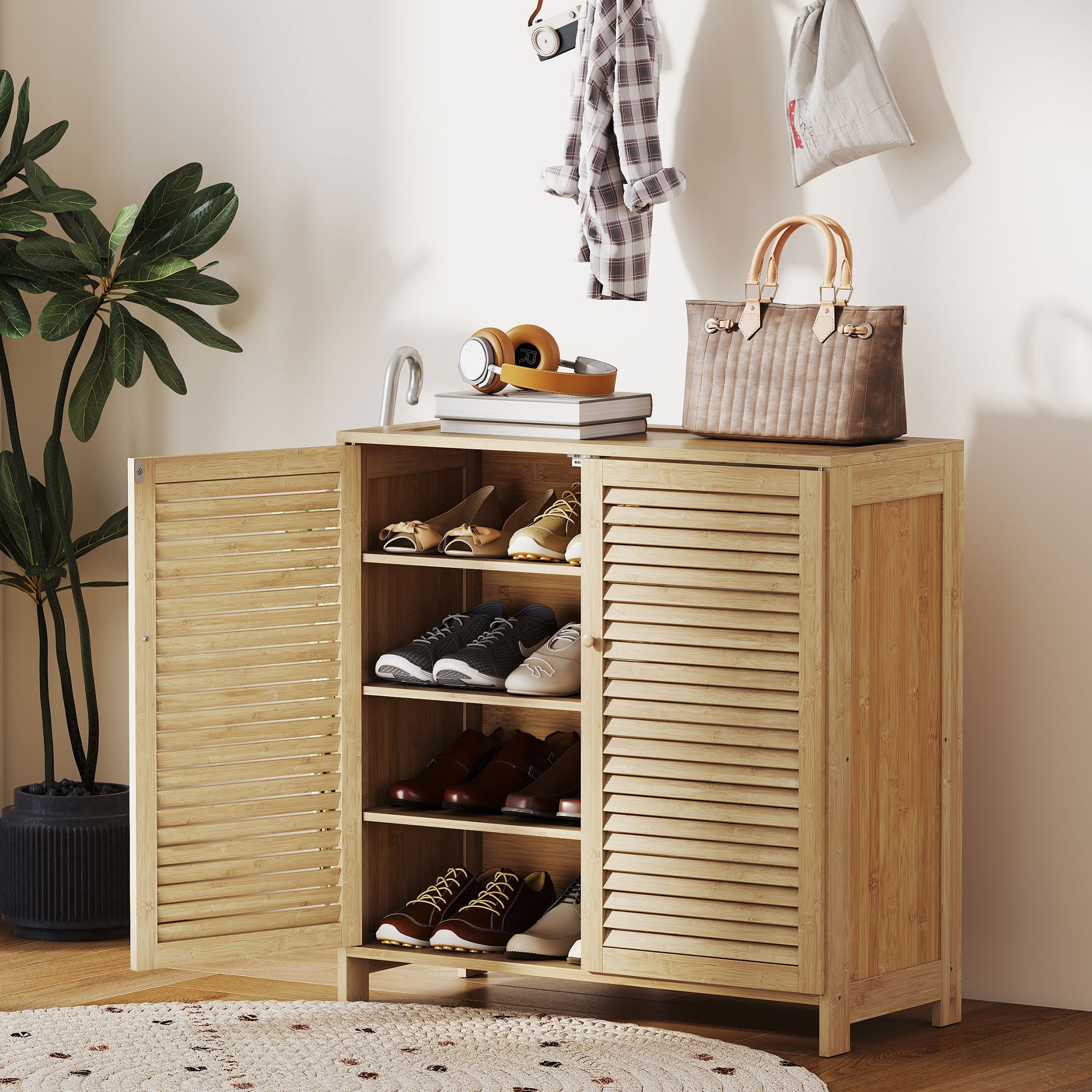 HOMCOM Schuhschrank aus Bambus mit verstellbaren Einlegeböden (Set, 1-St., 1er Set) für ca. 14 Paar Schuhe, Lamellentüren