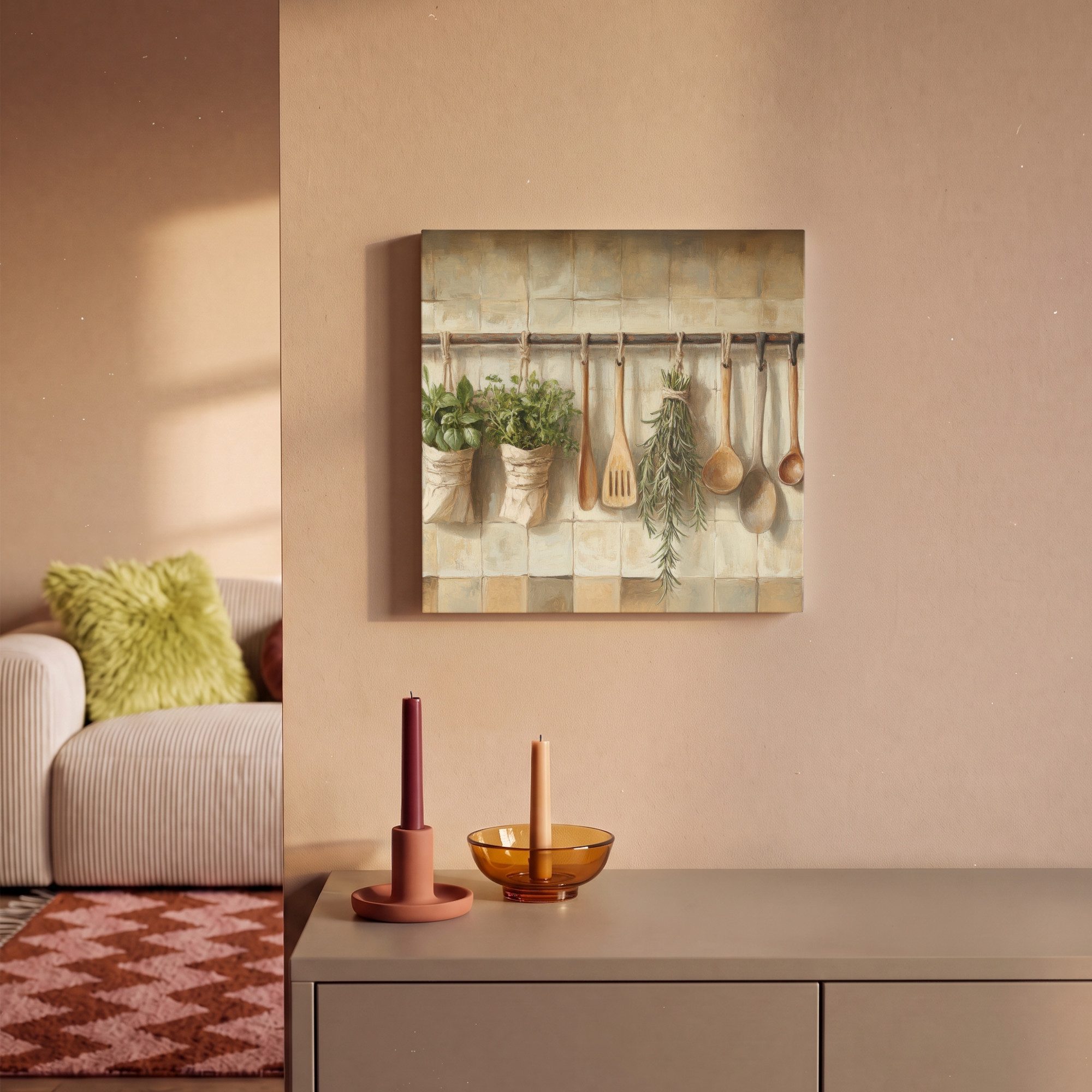 OneMillionCanvasses® Leinwandbild Holz - Küchengeräte - Stilleben - Kacheln, Fotodruck (1 St), Wandbild, Deko Schlafzimmer Wohnzimmer Flur 20x20 cm – Bild 2 von 5