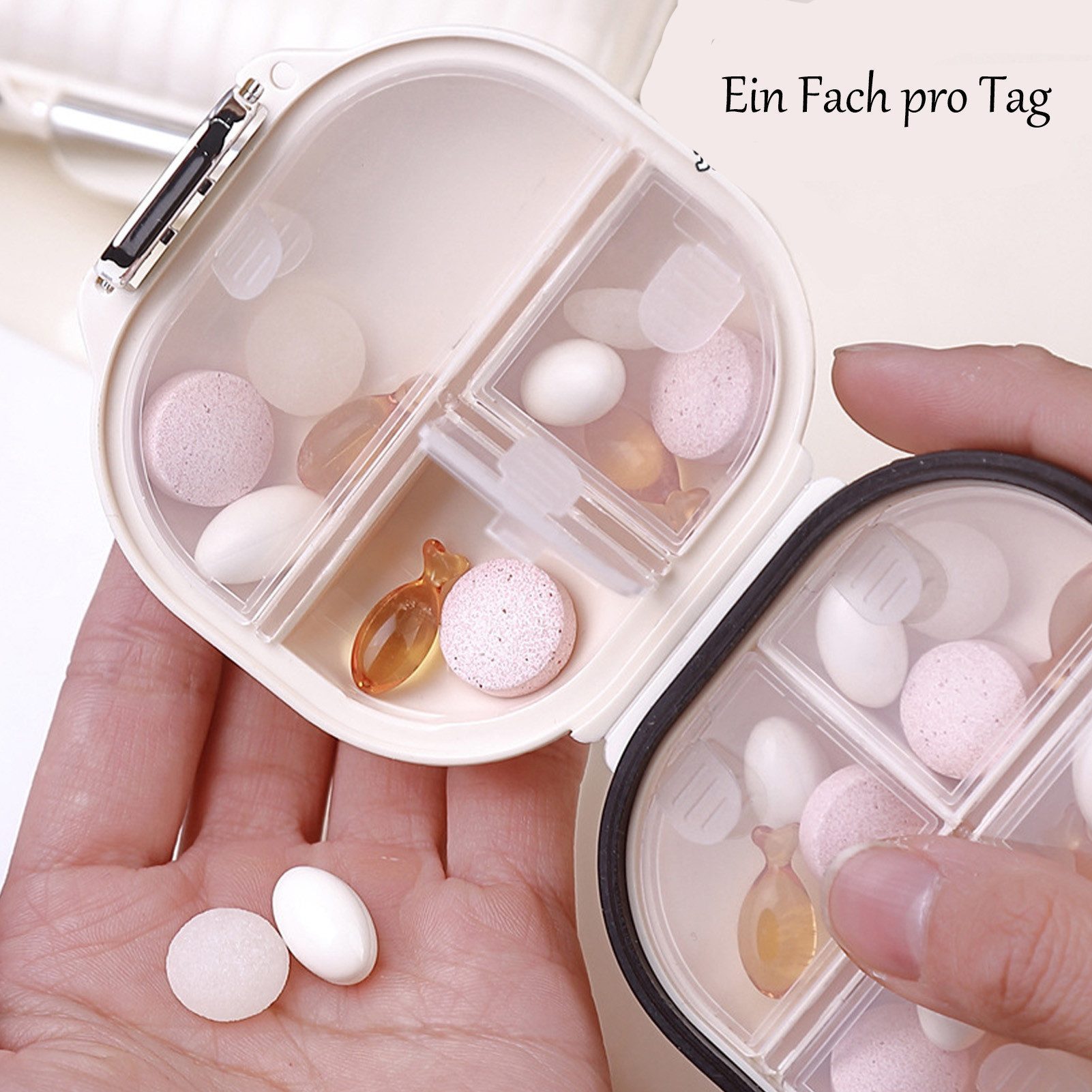 Jumpeak Pillendose tablettenbox 7 tage,pillendose 7 tage,pillendose klein für unterwegs (Muschelförmige Pillendose, Tablettenbox, Luftdicht), Sortierbox, Pillendose, 2 Farben, 2 Größen, Tragbare Pillenbox