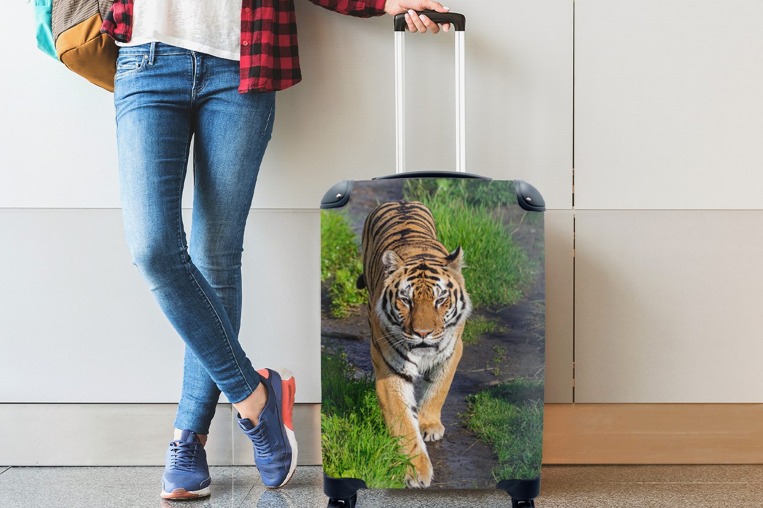 MuchoWow Handgepäckkoffer Tiger - Gras Reisetasche Tiere, mit Reisekoffer Trolley, Rollen, für - rollen, 4 Handgepäck Ferien