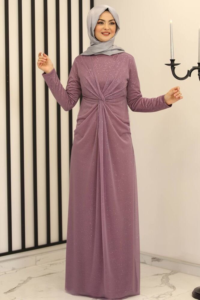 Modavitrini Abendkleid Damen Maxikleid Abiye Abaya langärmliges Hijab Kleid Modest Fashion silbriger glänzender Stoff Lila