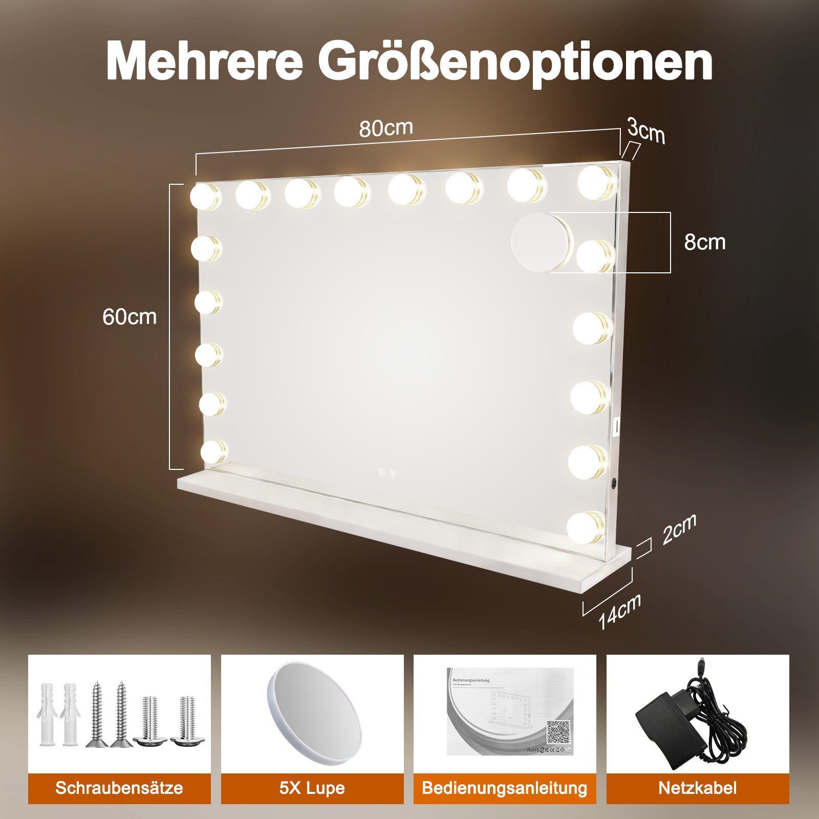 ZMH Schminkspiegel mit Beleuchtung, Hollywood Kosmetikspiegel 80x60 cm, 18 LEDs, 3 Lichtfarben dimmbar, Bluetooth, USB