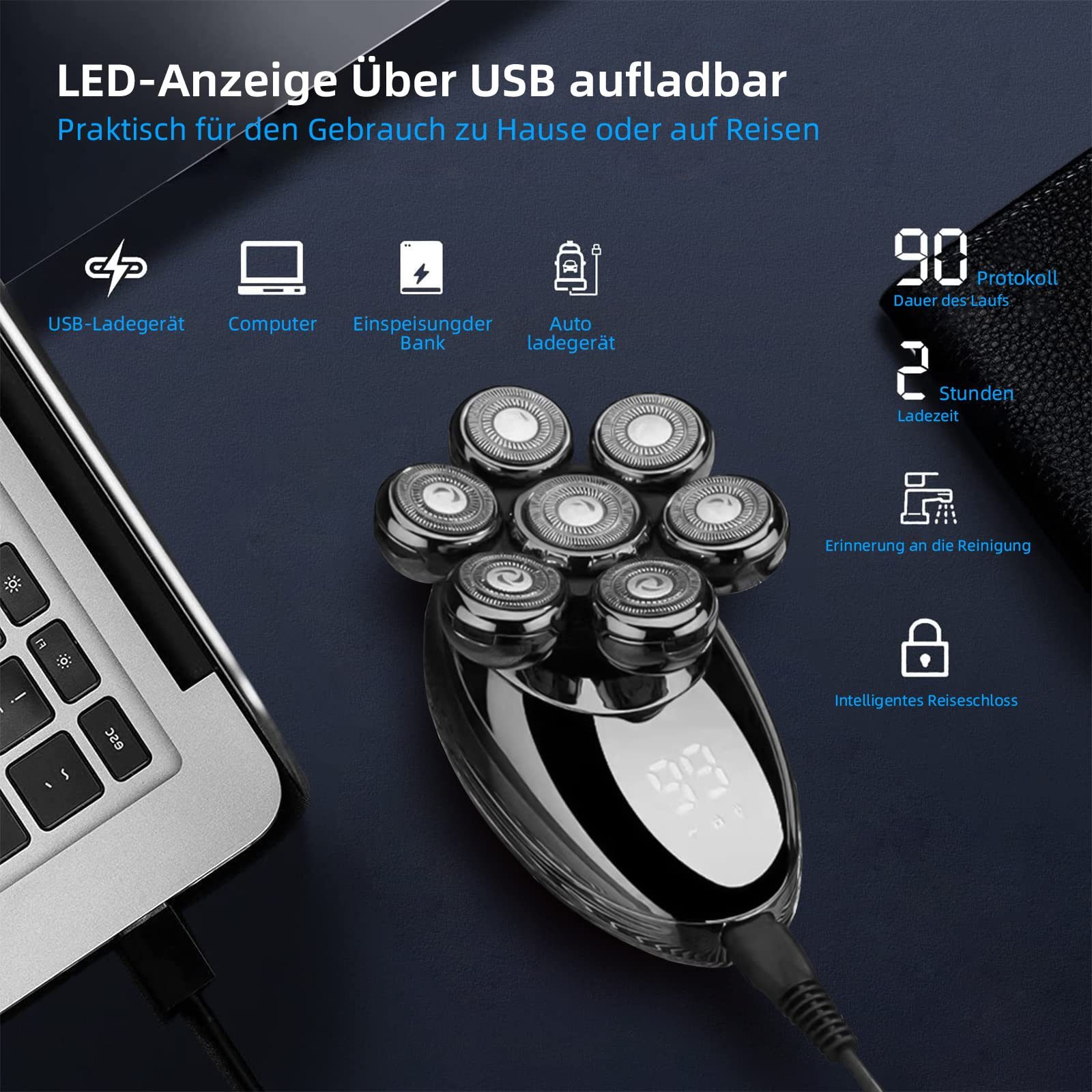 MOPUEA Elektrorasierer 5-in-1 für Herren, Glatzenrasierer mit 7 rotierenden Köpfen, Aufsätze: 5, Haarschneider, wasserdicht, kabellos mit USB wiederaufladbar