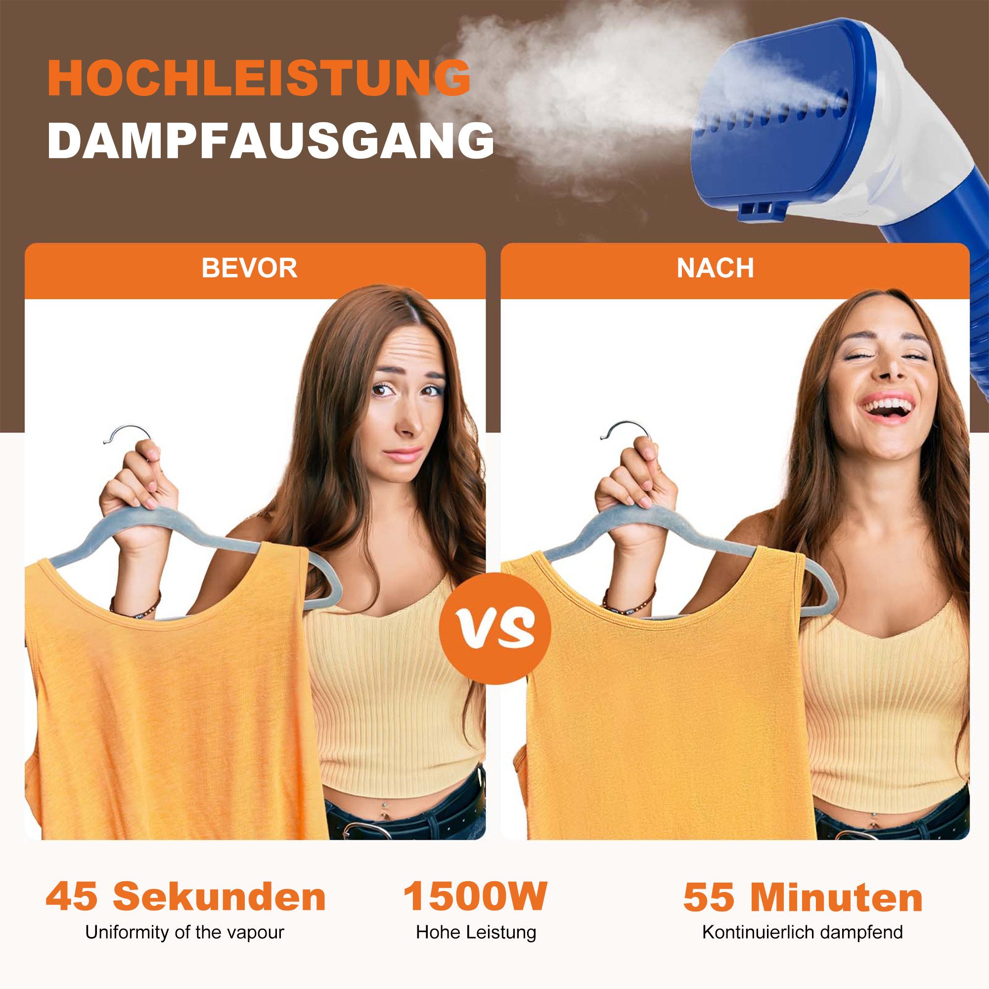 DUMOS Dampfbügeleisen Dampfbügeleisen, 1500 W, 45-Sekunden-Schnellaufheizung, 55-Minuten-Standby-Betrieb