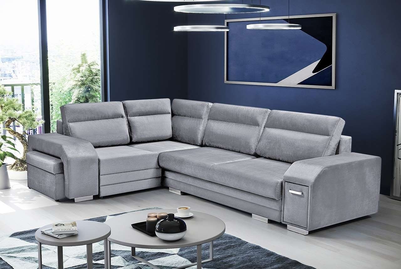 MKS MÖBEL Ecksofa ALVA, mit Hocker und Minibar - L-Form Sofa Mit Schlaffunktion Grau Monolith