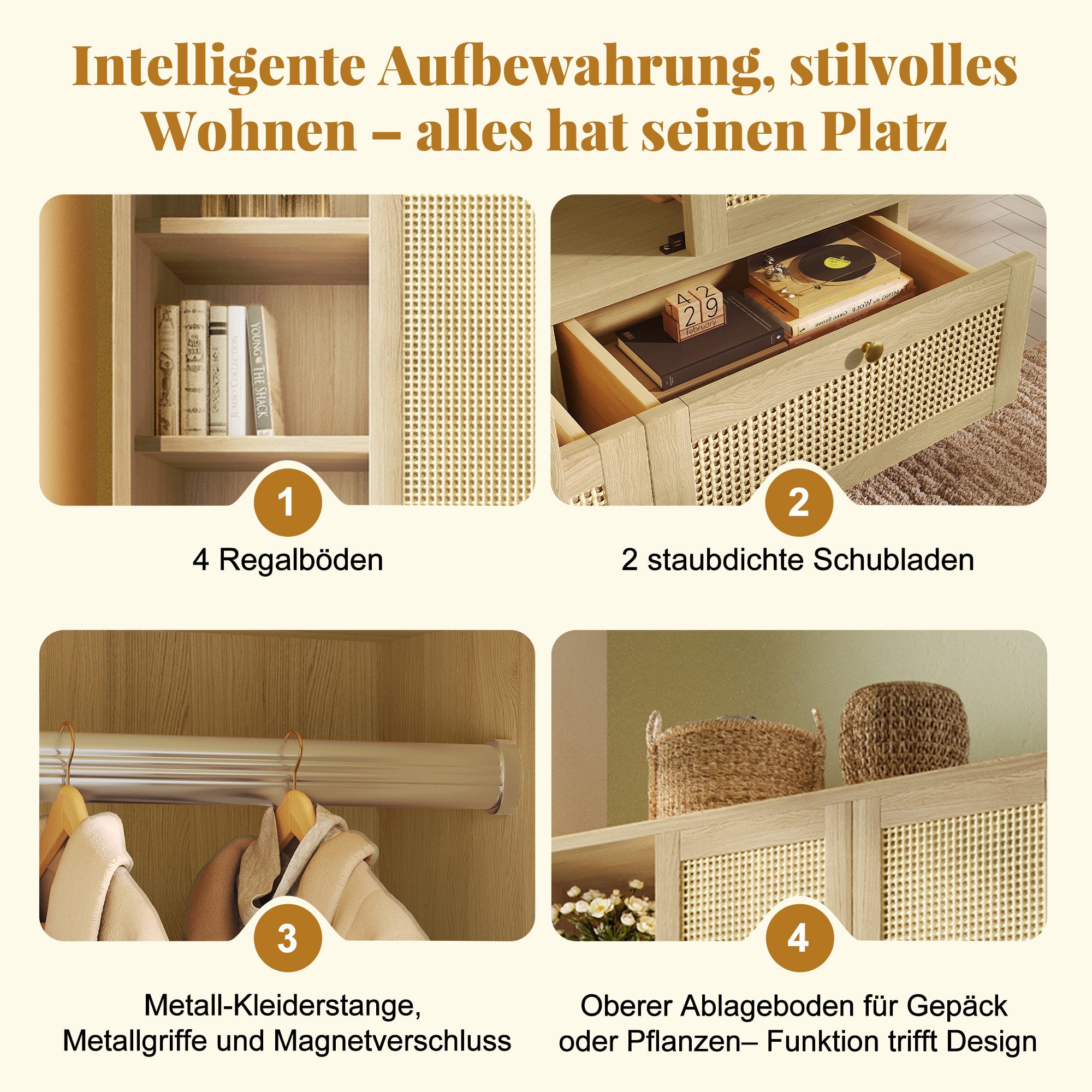 i@home Kleiderschrank Garderobenschränke Landhausstil Rattan (mit 2 Türen, Kleiderstange, 4 offene Regale, 2 Schubladen, 1-St., 180×120×50 cm Eiche) Schlafzimmerschrank für Schlafzimmer