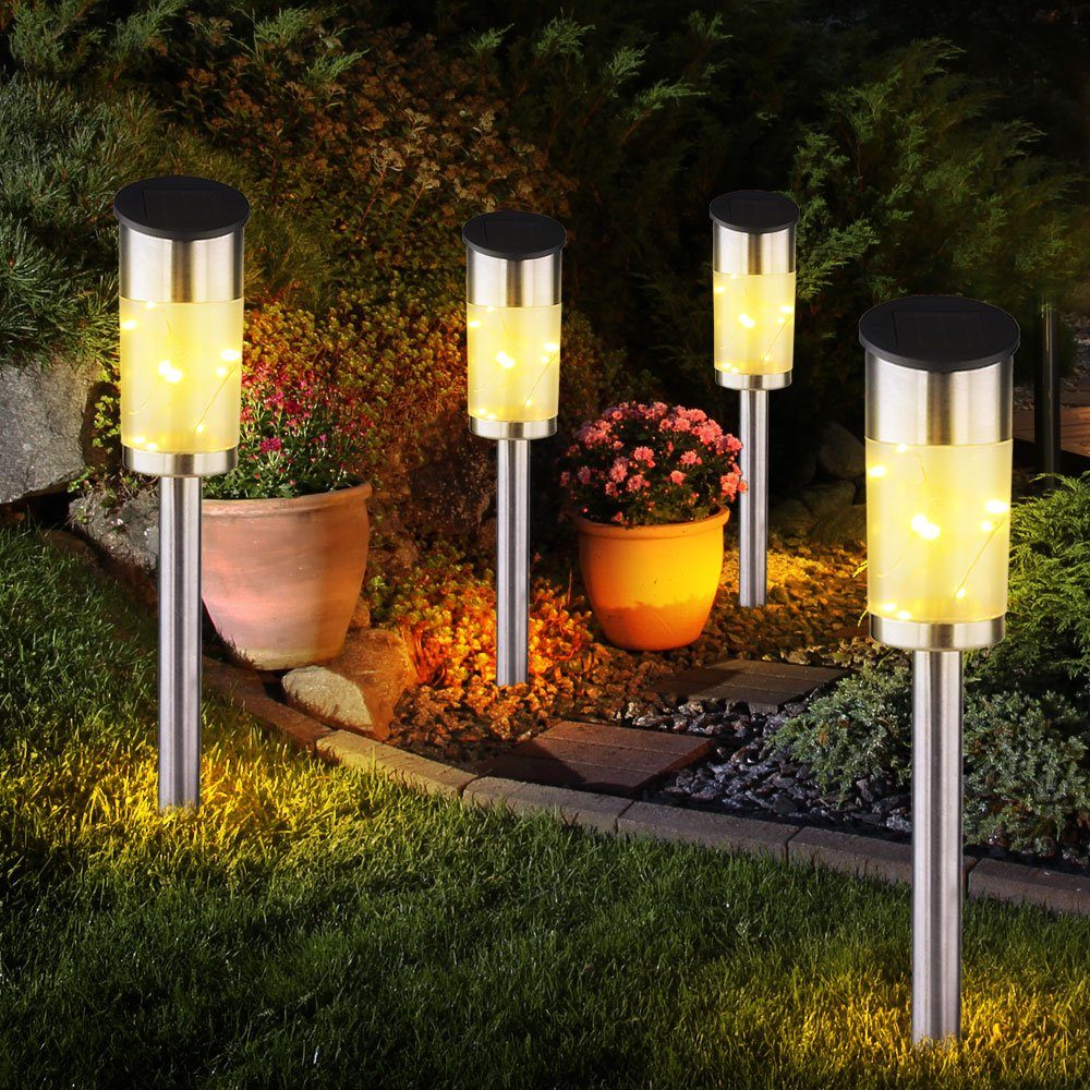 Set Garten Edelstahl LED-Leuchtmittel 4er Beleuchtung Steck Lampen etc-shop LED Solar Warmweiß, verbaut, Solarleuchte, LED fest Strahler