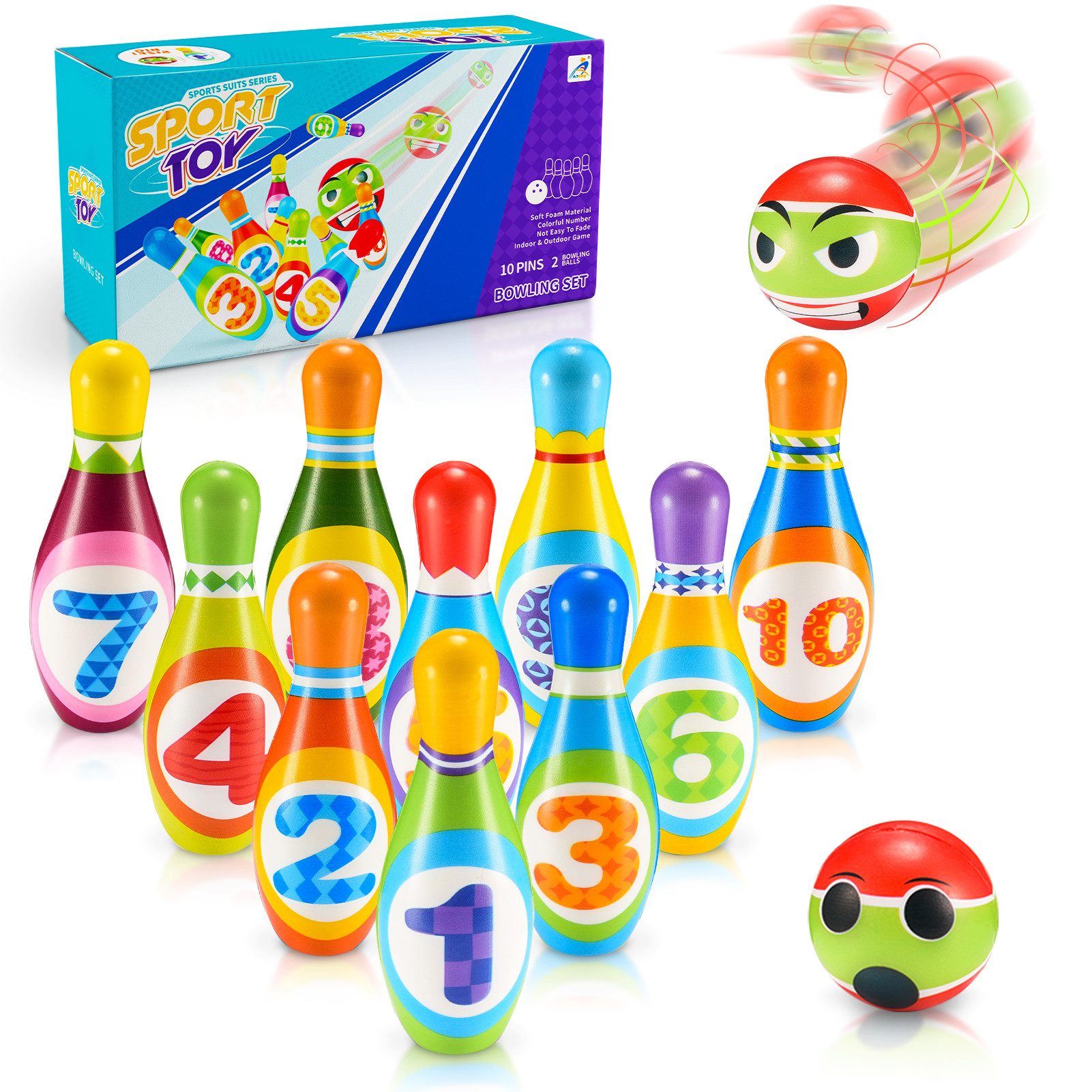 Wootoy Spiel Kinder Bowling-Set Spielzeug-Gartenset Outdoor-Spielzeug Kegelspiel, Kinderspiel, mit 10 nummerierten Kegeln und Ball