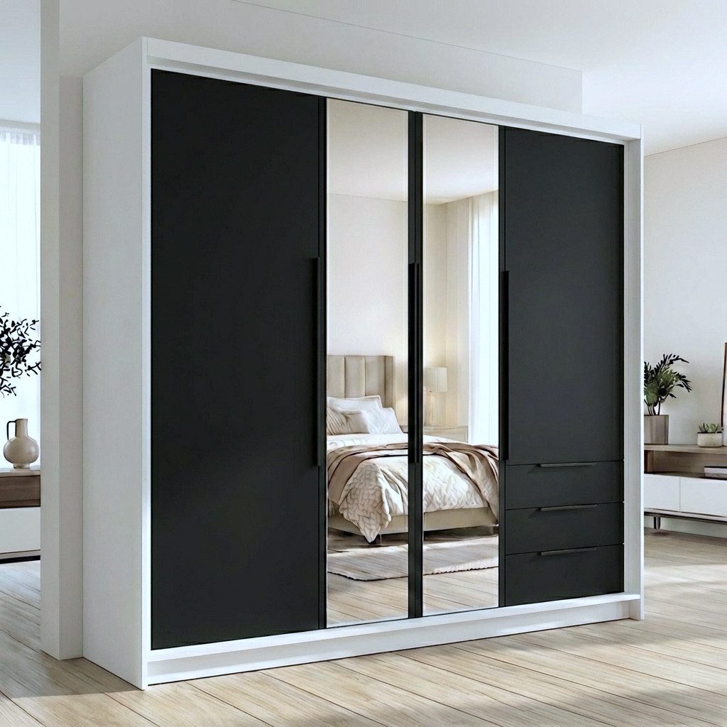 A&J MöbelLand GmbH Drehtürenschrank VIVO mit integrierten Schubladen (Geräumiger vier¬türiger Kleiderschrank mit Schubladen und Metallgriffen. Geräumiger Schrank mit einer Breite von 200 cm und Schubladen, ideal zur Aufbewahrung von Kleidung und Accessoires. Viel Stauraum. TOP PRODUKT! Wählen Sie das ideale Modell für Ihr Schlafzimmer!, TOP ANGEBOT) Breite: 200 cm, Höhe: 215 cm, Tiefe: 59,5 cm