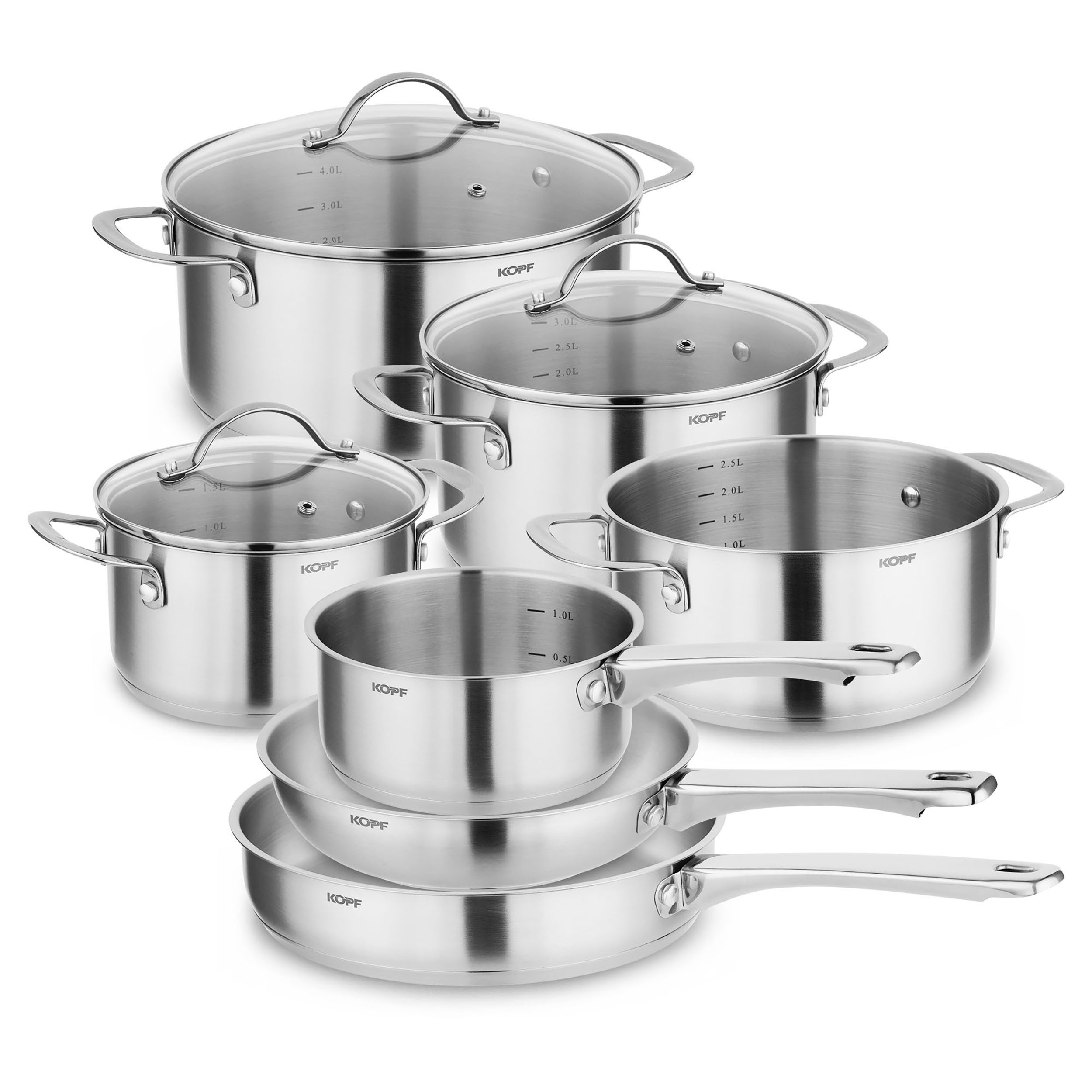Kopf Topf-Set Clara, Edelstahl (Set, 10-tlg., 4 Kochtöpfe, Bratpfanne, Schmorpfanne, Stielkasserolle, 3 Glasdeckel), Kochtopfset, Töpfe Induktion, Spülmaschinengeeignet, Backofenfest