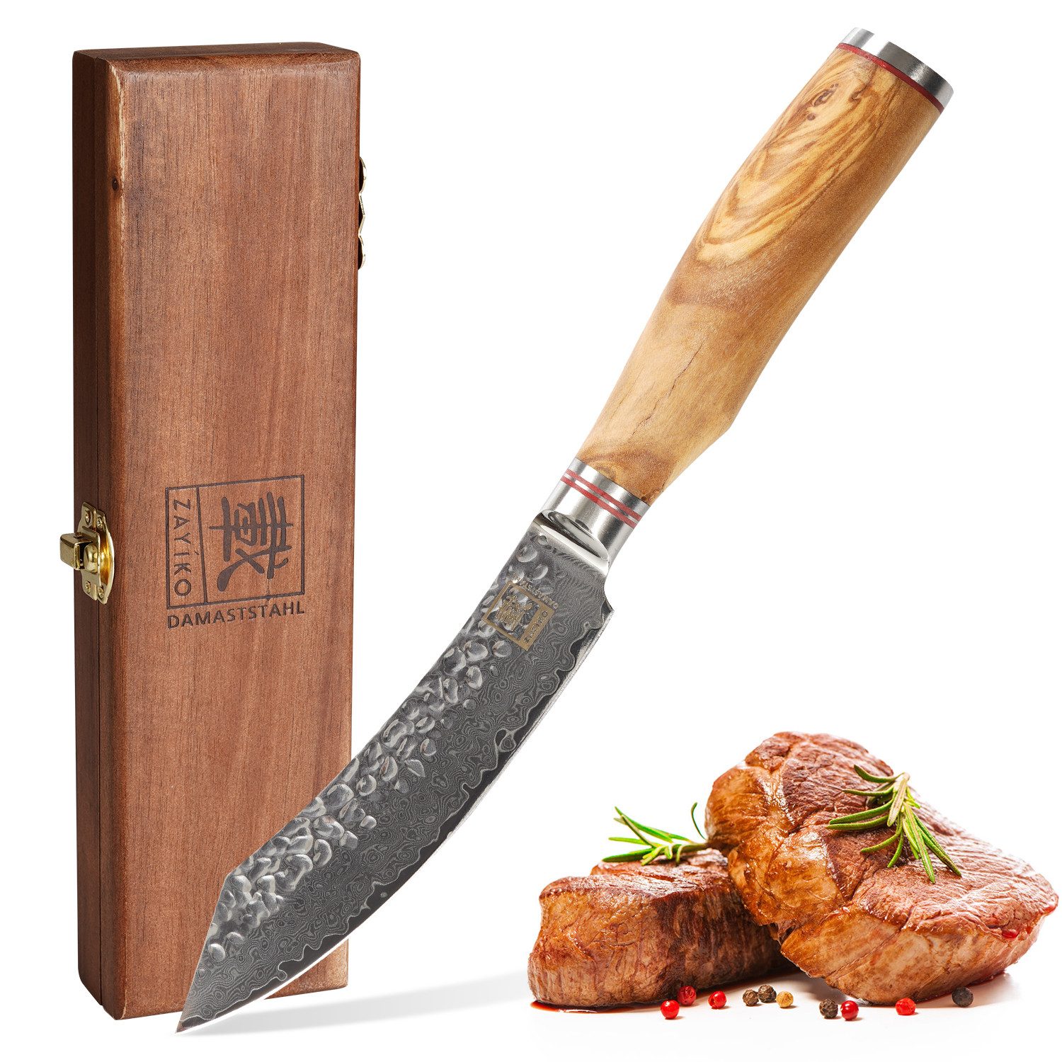 ZAYIKO Steakmesser Minami Damast Steakmesser 12 cm Klinge Olivenholzgriff Holzbox (1 Stück), Damaststahl, VG10-Kern, Hammerschlag