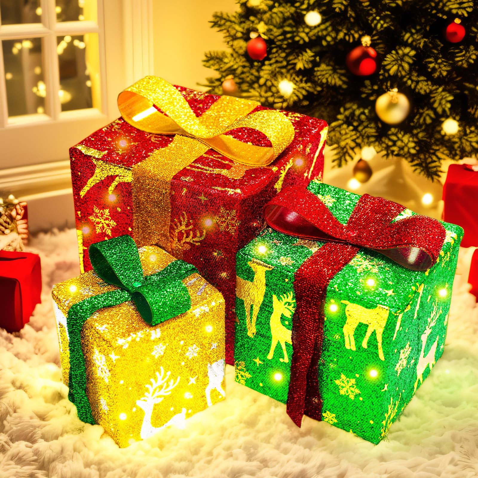 Jibenhome LED Dekoobjekt LED Beleuchtete Geschenkboxen 3er-Set, 8 Modi, Batteriebetrieben, 50 LEDs Warmweiß, Faltbar