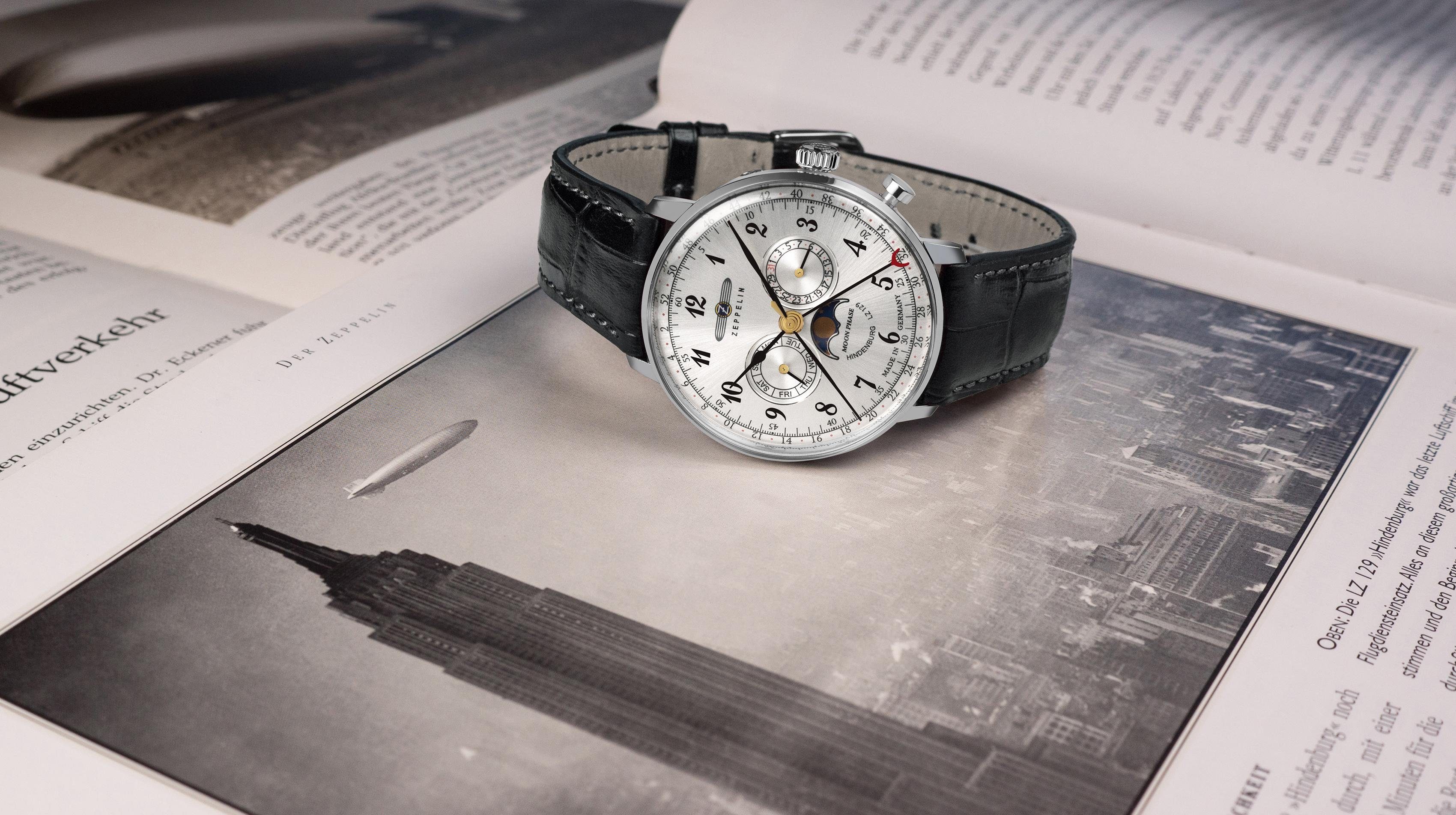 ZEPPELIN Multifunktionsuhr LZ 129 Hindenburg Moonphase 7036-1, Armbanduhr, Quarzuhr, Herrenuhr, Datum, Mondphase, Made in Germany
