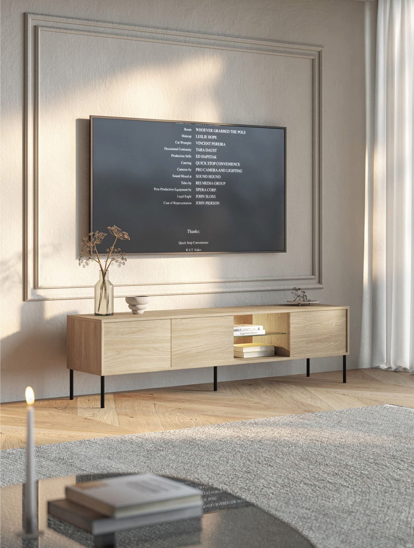 Selsey TV-Schrank MODITY TV-Möbel 3-türig mit Push-to-Open, Glasablage & LED-Licht, 175 cm