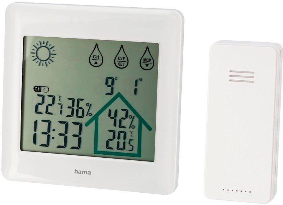 Wettervorhersage Funk-Wetterstation Uhrzeit, Außensensor, Luftfeuchte, (Temperatur, Datum) mit Funkwetterstation Hama