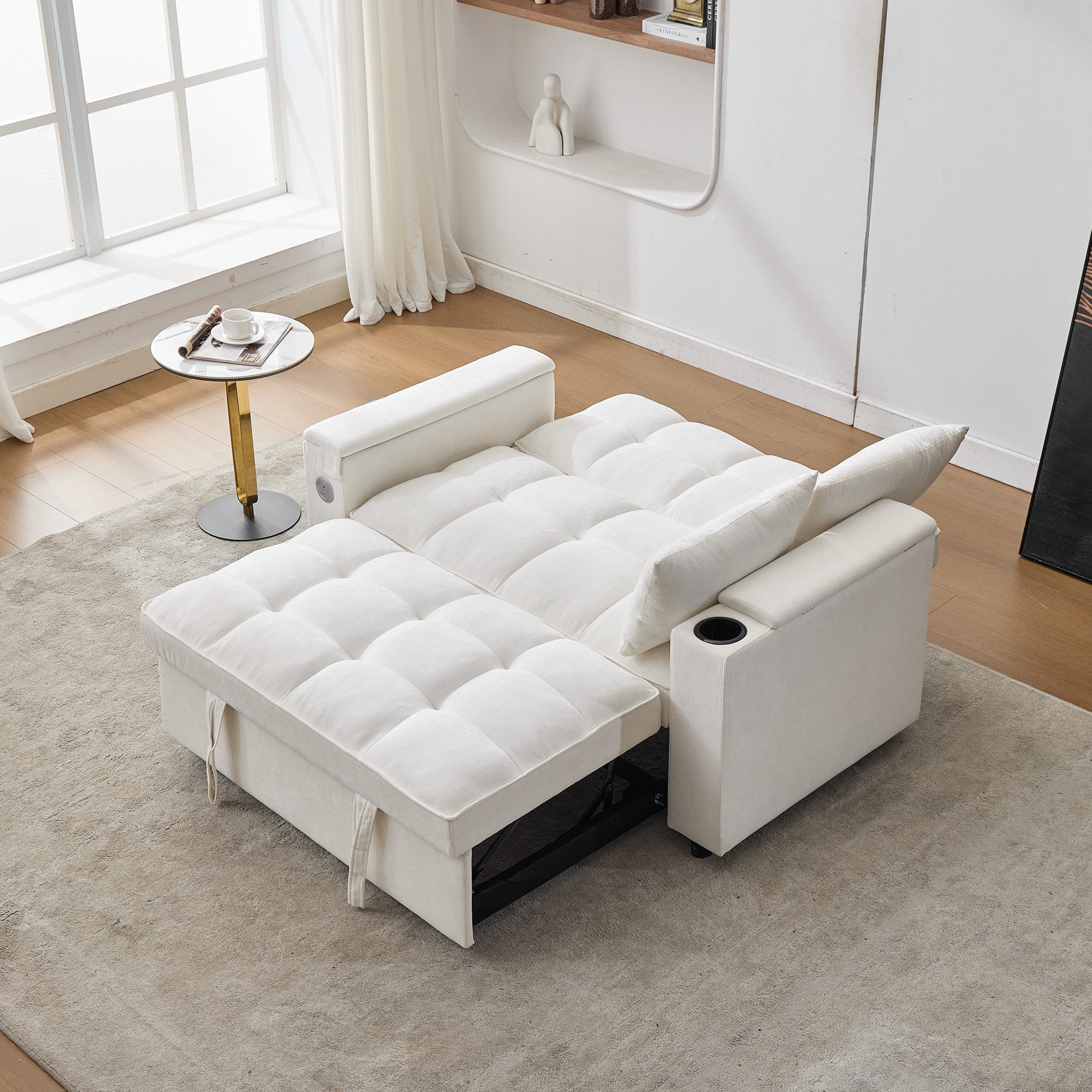 Merax Schlafsofa 3-in-1 Loungesofa faltbar Sofa mit USB & verstecktem Tisch, 1 Teile, 2-Sitzer Sofa mit verstellbarer Rückenlehne, Getränkehalter & Rollen