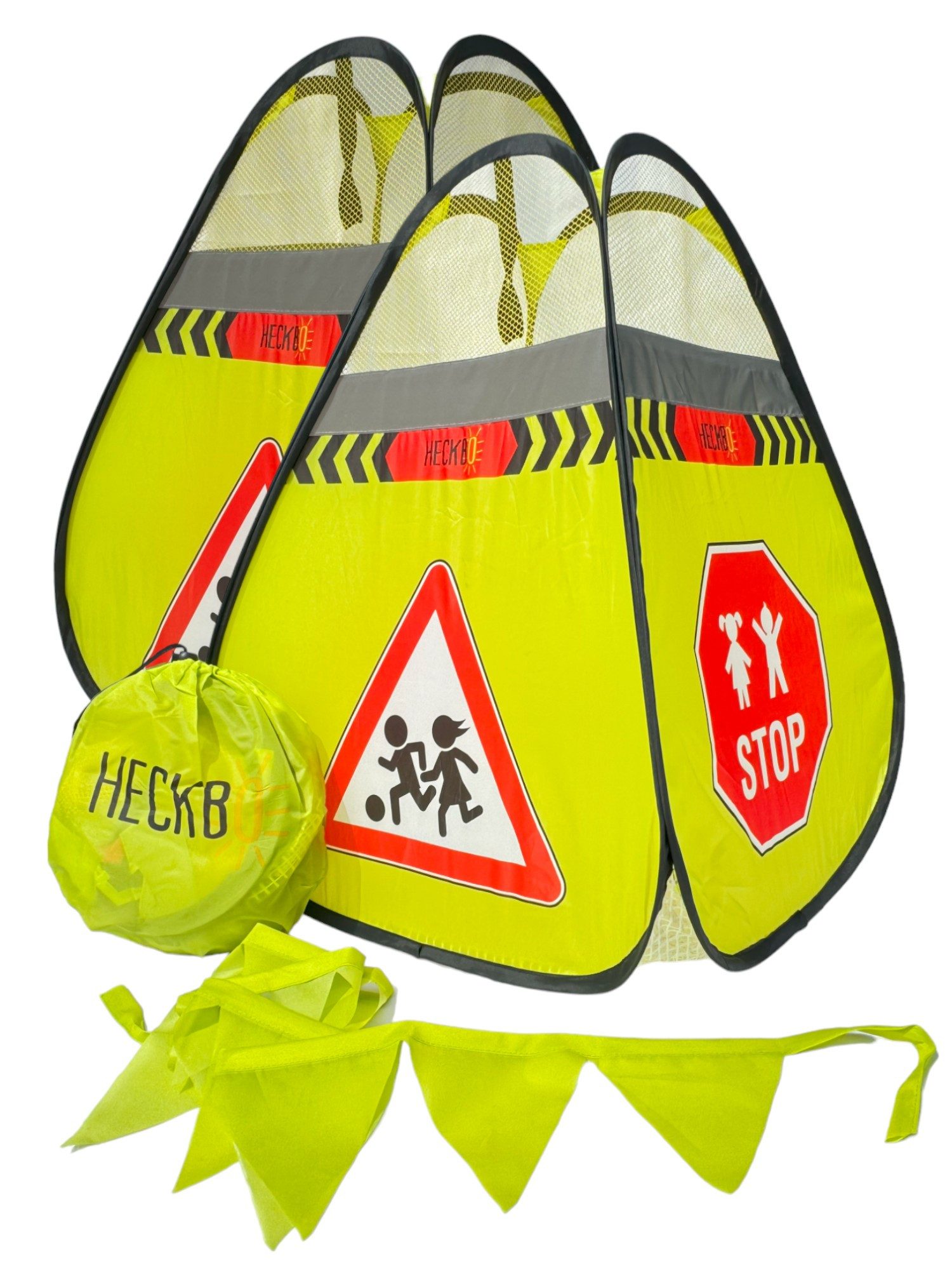 HECKBO Warnschild 2x Straßenwarnschild Achtung Kinder Schild spielende + Wimpelkette