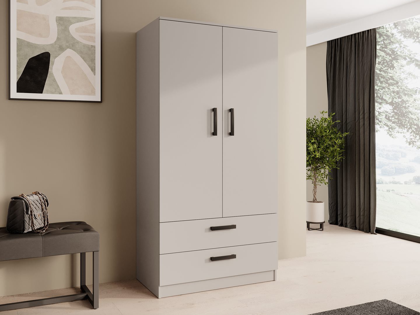 Beautysofa Kleiderschrank TREND 2-türig mit Selbsteinzug, Kleiderstange und 5 Einlegeböden (verschiedene Farben, mit oder ohne Schubladen)