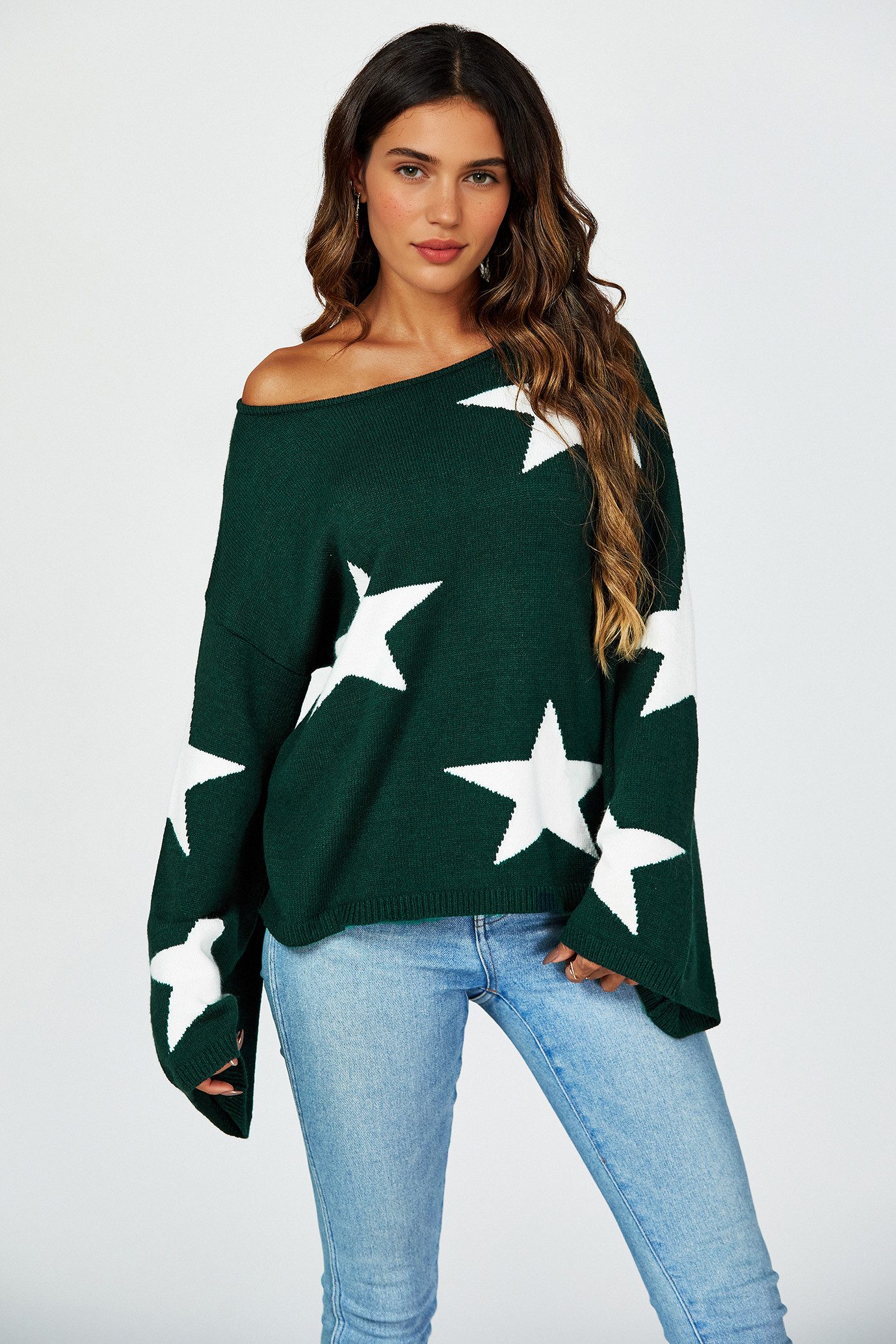 FS Collection Strickpullover Oversize Pullover mit weiten Ärmeln und Stern – Strickwaren (Einheitsgröße: UK 8–12 / EU 36–40, 5 Farben : Grau, Schwarz, Creme, Rot, Dunkelgrün) 100 % Acryl