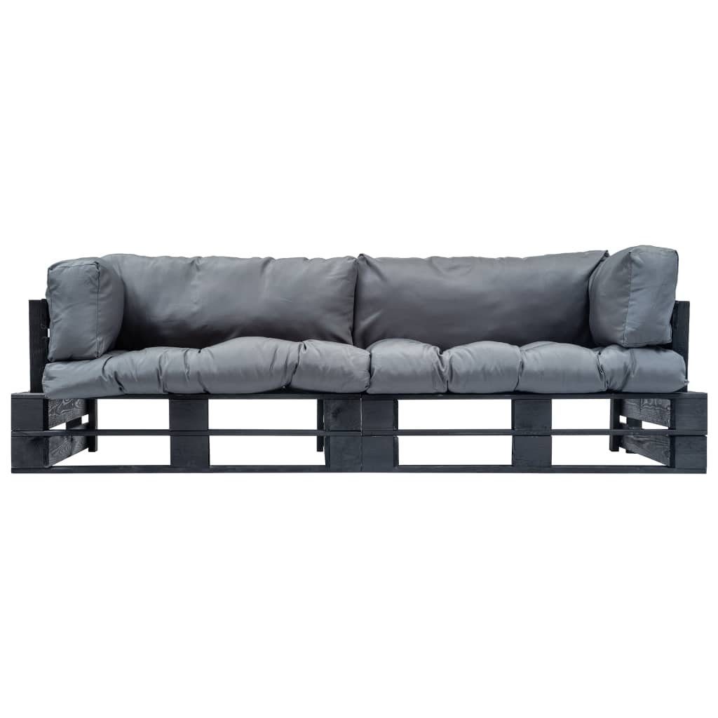 vidaXL Paletten Grau mit und Outdoor-Sofa-Set Loungesofa 2-tlg. Schwarz Grau Kiefernholz, Kissen 2 in Teile