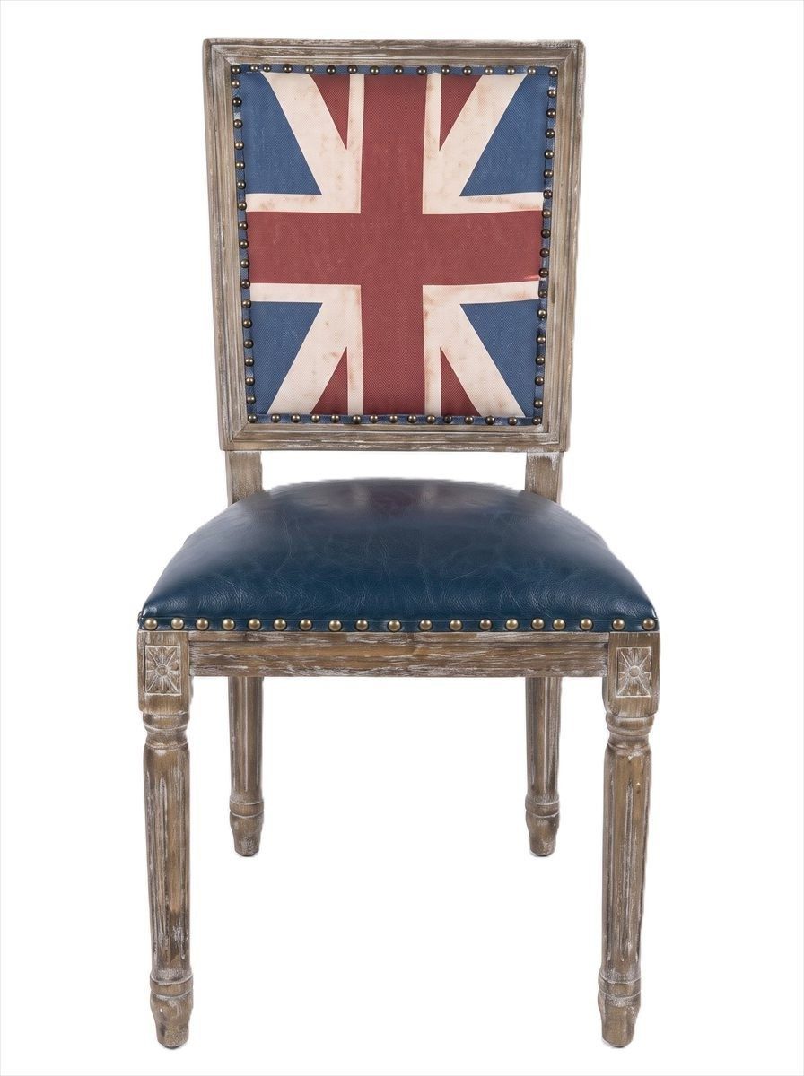 Xlmoebel Stuhl Union Jack Stuhl Leder British Style Vintage Holzgestell Esszimmer (Einzelstück, 1 St), Britische Flagge auf Rückenlehne