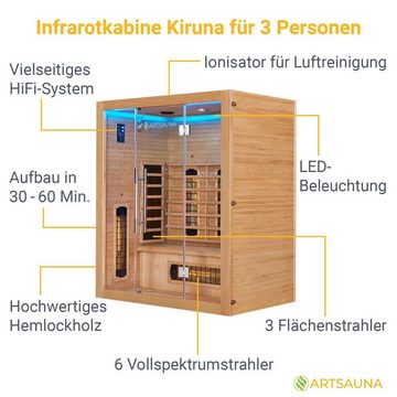 Artsauna Infrarotkabine Kiruna160 Dual Technologie, BxTxH: 160 x 105 x 190 cm, für 3 Personen, Hemlockholz, HiFi-System, Bluetooth, LED-Farblicht