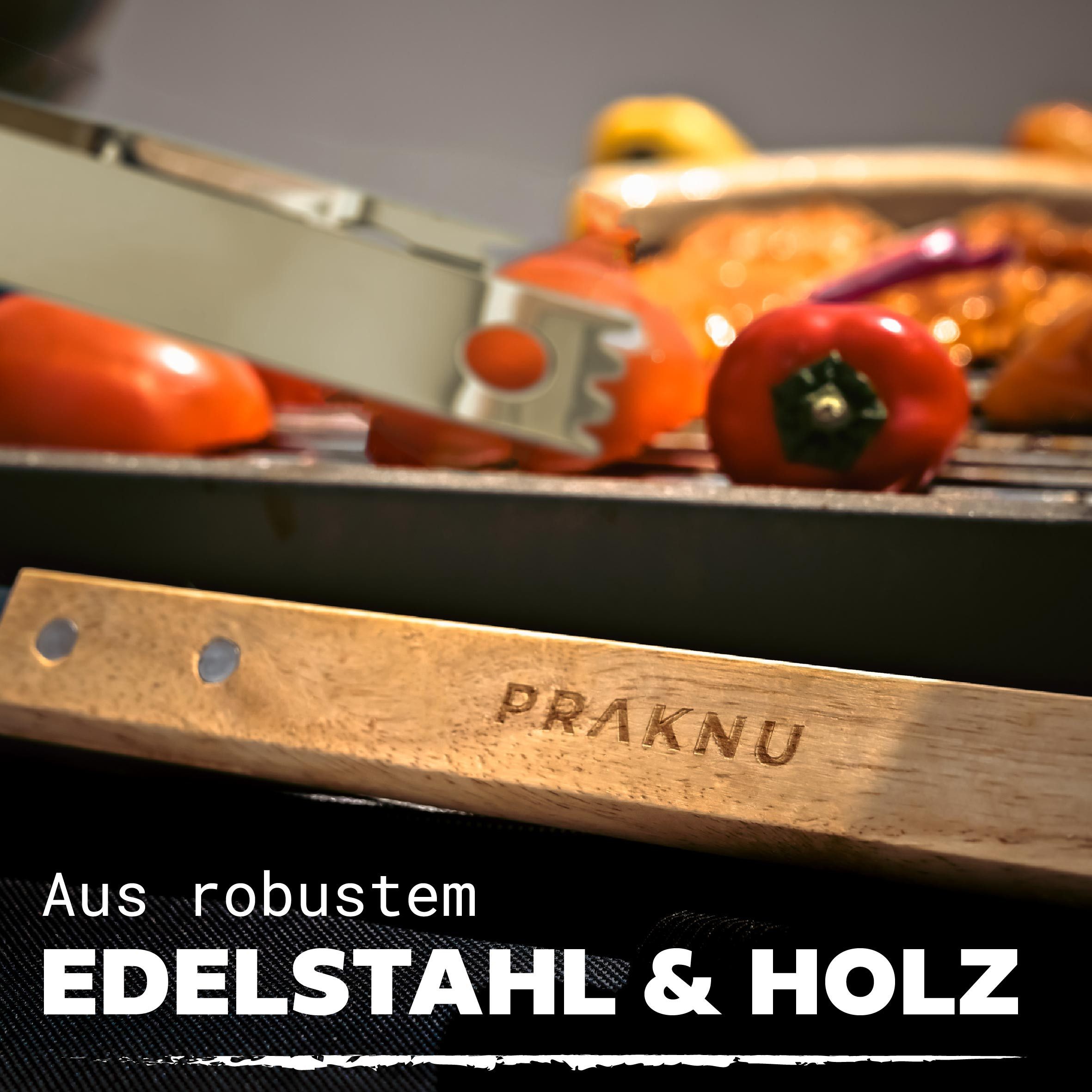 Praknu Grillbesteck-Set mit Holzgriffen und Tragetasche - Hitzebeständig, Rostfrei und Robust, (4-teiliges Set, 4 tlg., 1x Grillzange, Grillwender, Grillgabel, Grillbürste, Tragetasche), Lange Griffe (38cm), Spülmaschinenfest, inkl. Aufbewahrungstasche
