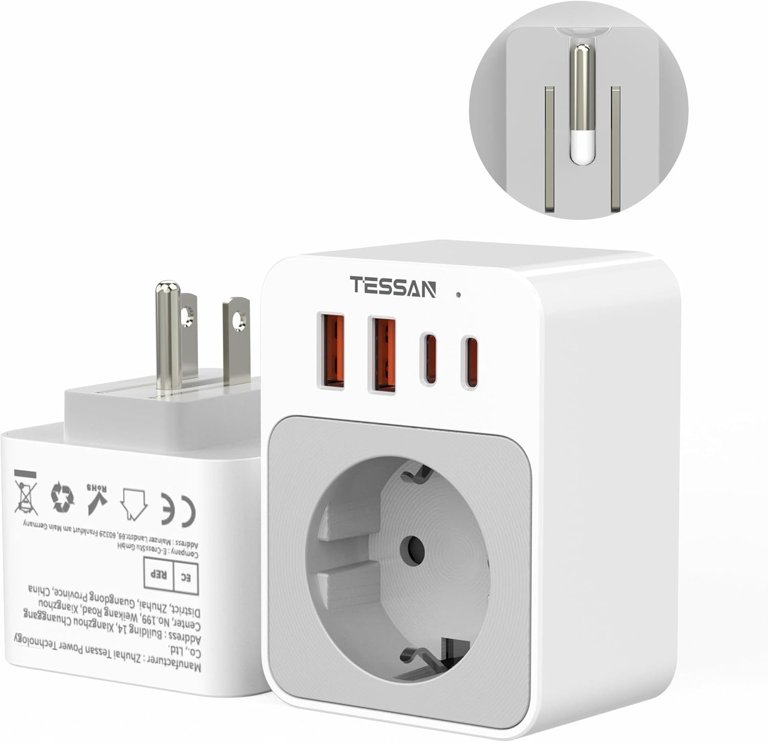 TESSAN 5-in-1 Klappbarer USA Adapter Typ B 2 USB-C/A EUUS für Kanada Reiseadapter