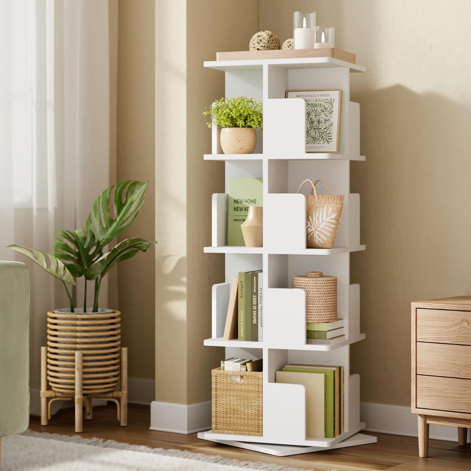 EUGAD Bücherregal, 1-tlg., 360° drehbar mit 4 Ebenen MDF, 39,5x128x39,5 cm