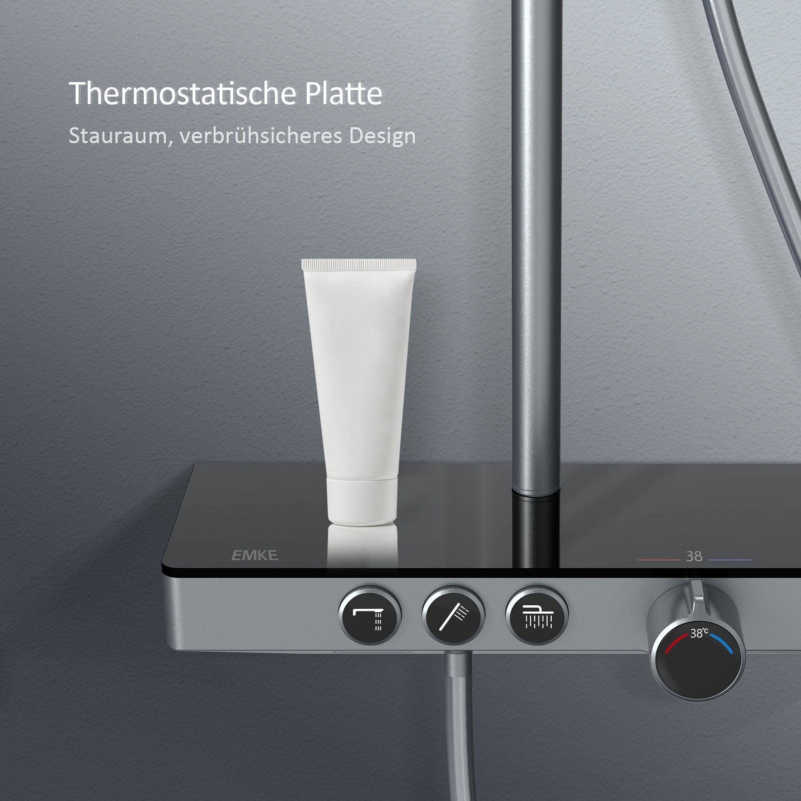 EMKE Duschsystem mit Thermostat Regendusche und Ablage Brausegarnitur Schwarz, 3 Strahlart(en), Höhe 118cm, große Kopfbrause, Thermostat-Set mit 45cm Ablage