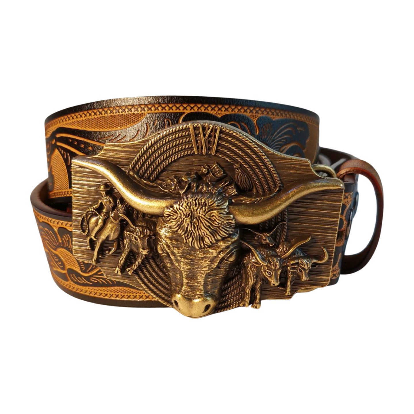 Ware aus aller Welt Ledergürtel Wild West Wechselgürtel Western Gürtel mit Longhorn Gürtelschnalle
