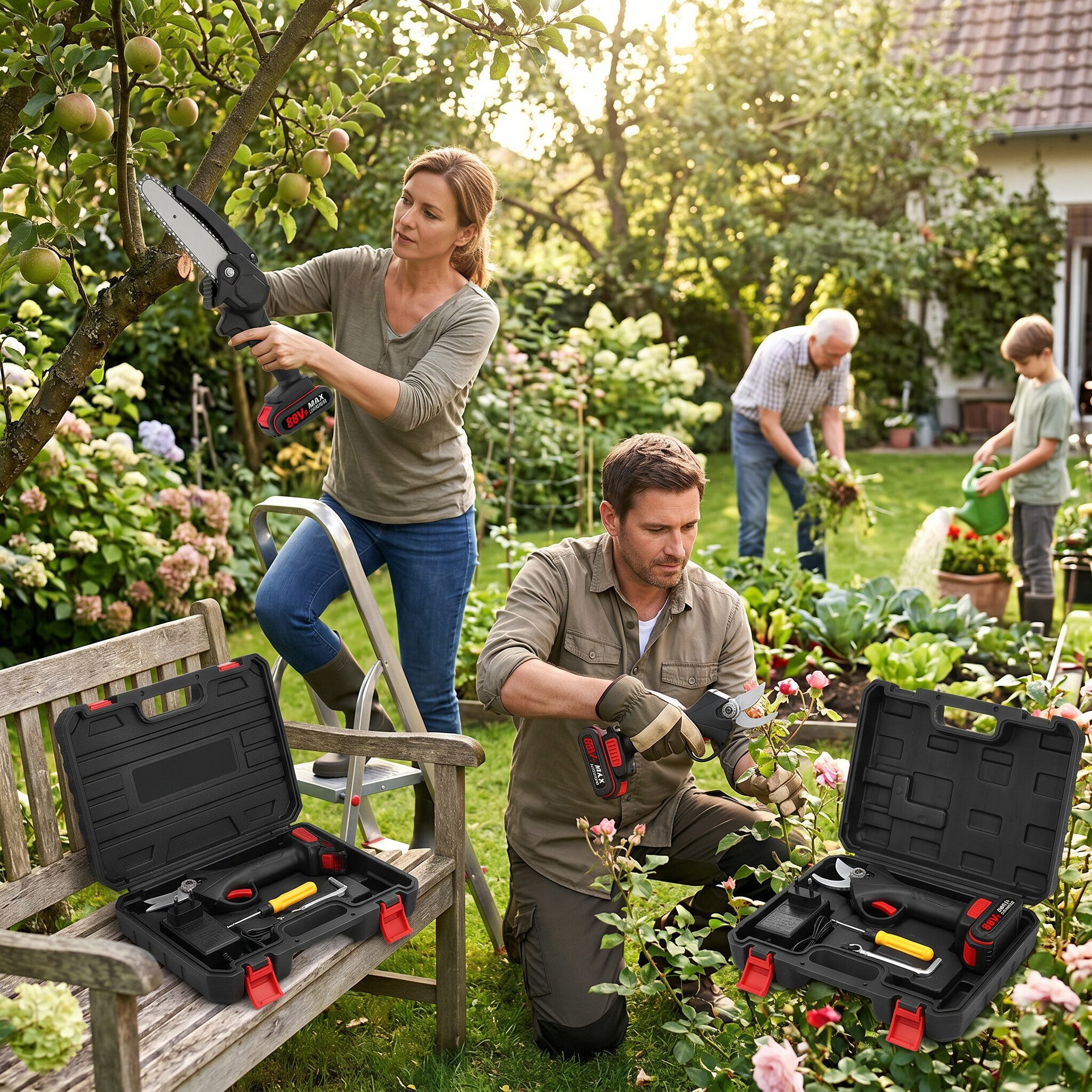 GARRYFIZH Akku-Astschere Professionelle Elektrische Gartenschere, 21V 25mm Akku-Gartenschere mit 4-Zoll-Kettensägen-Set
